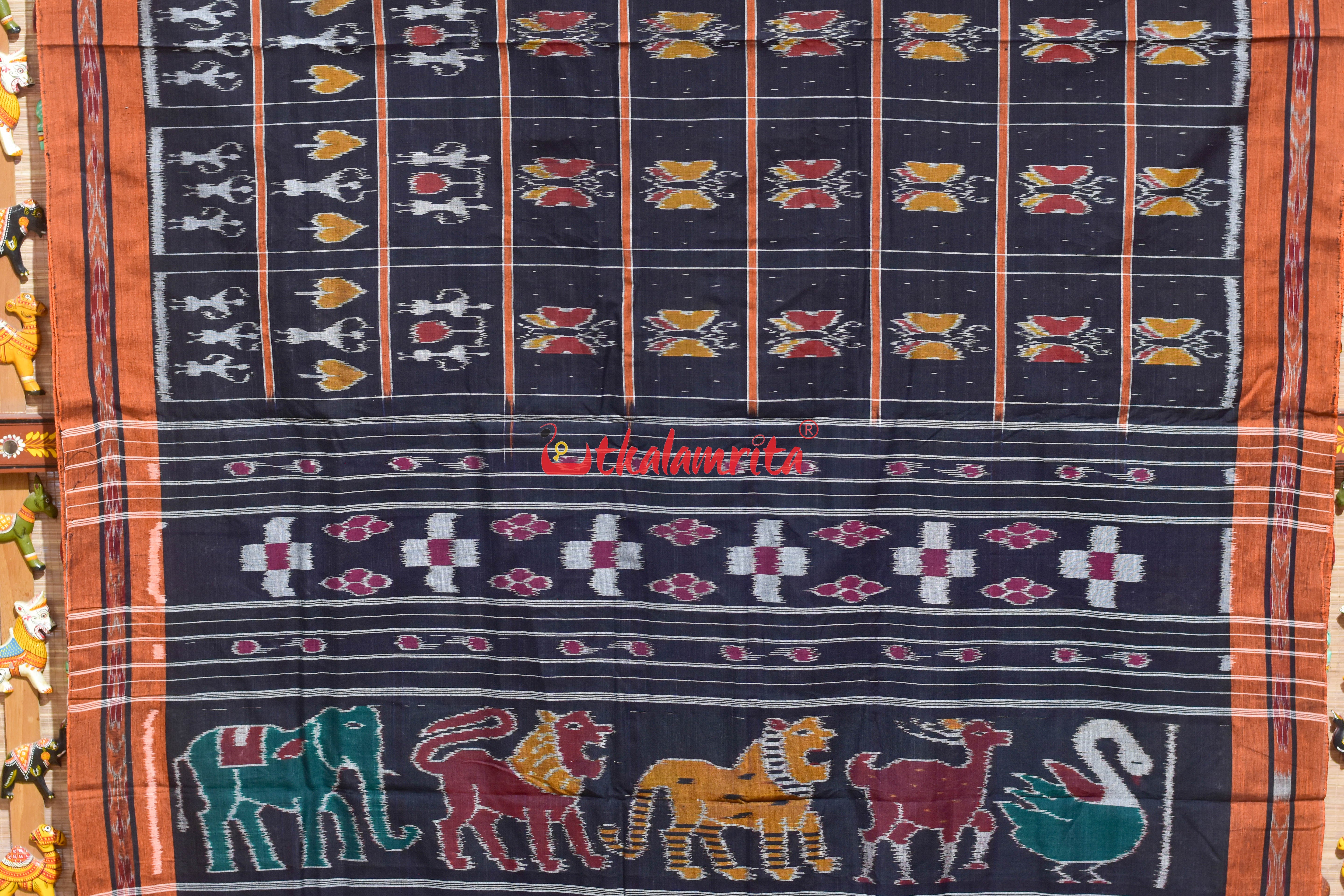 Nabakothi Style Black Rust Khandua Cotton Saree