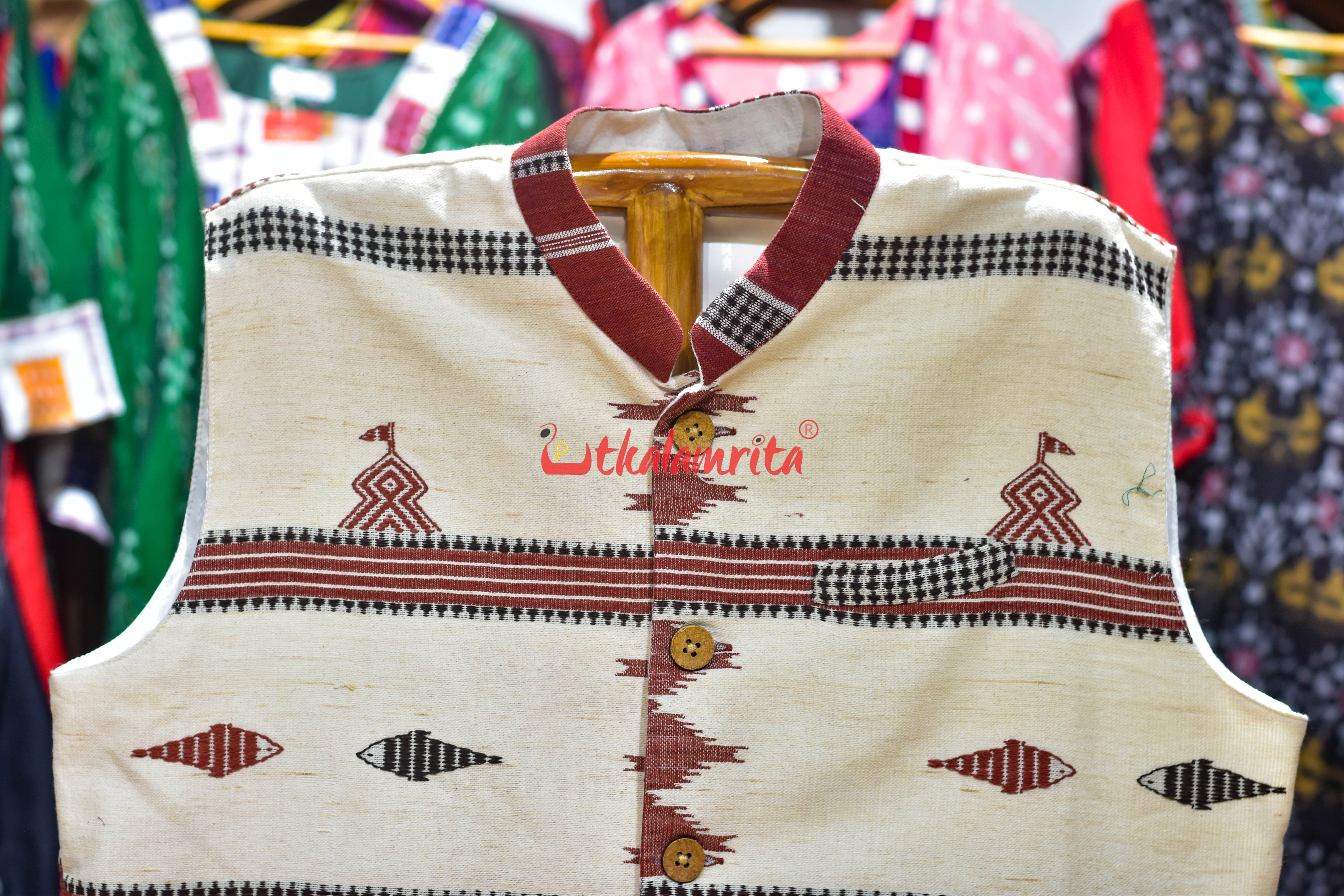 Off White with Brown Stripes Adibasi Kotpad (Modi Jacket)