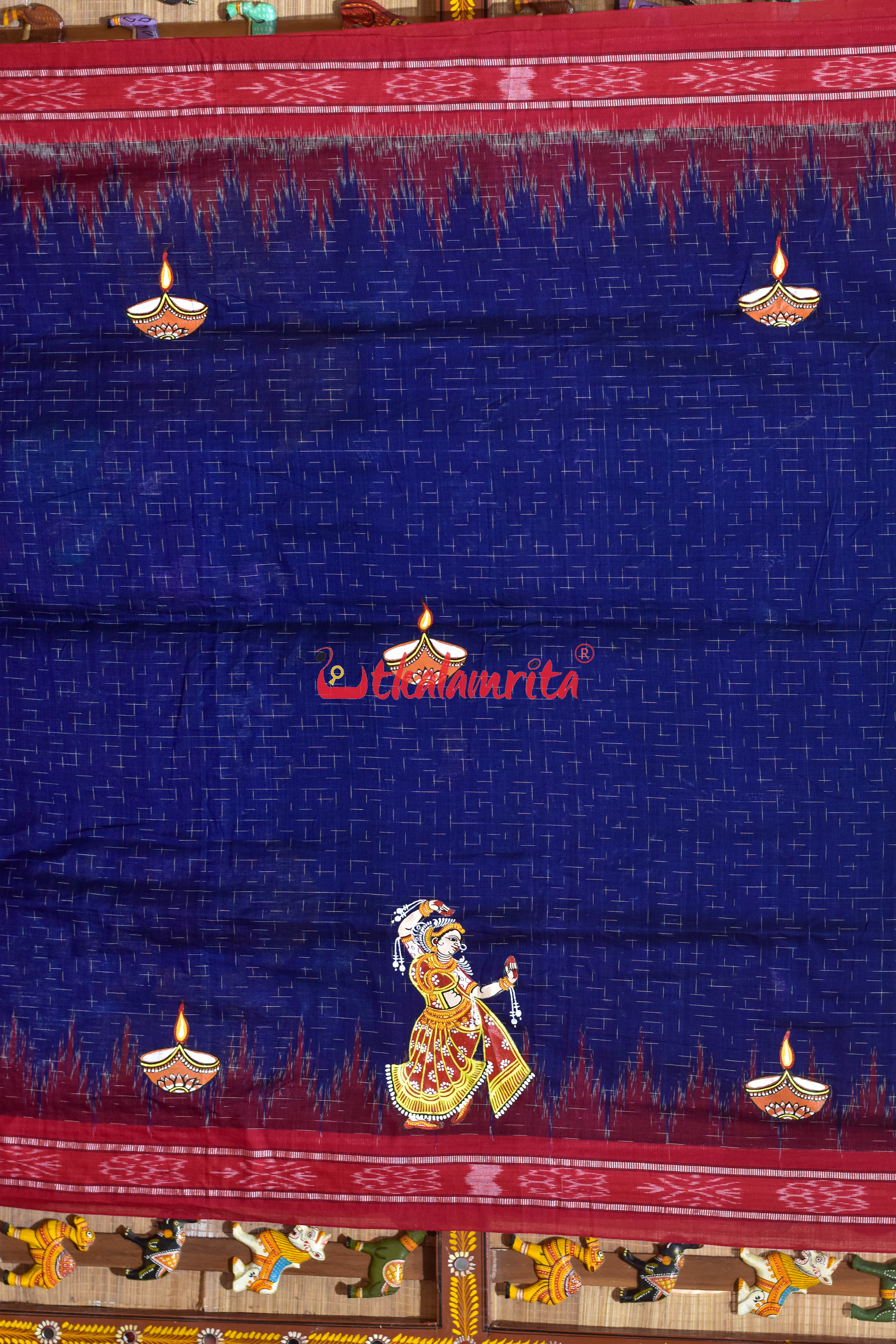 Navy Blue Jharana with Diwali Pattachitra Cotton Saree