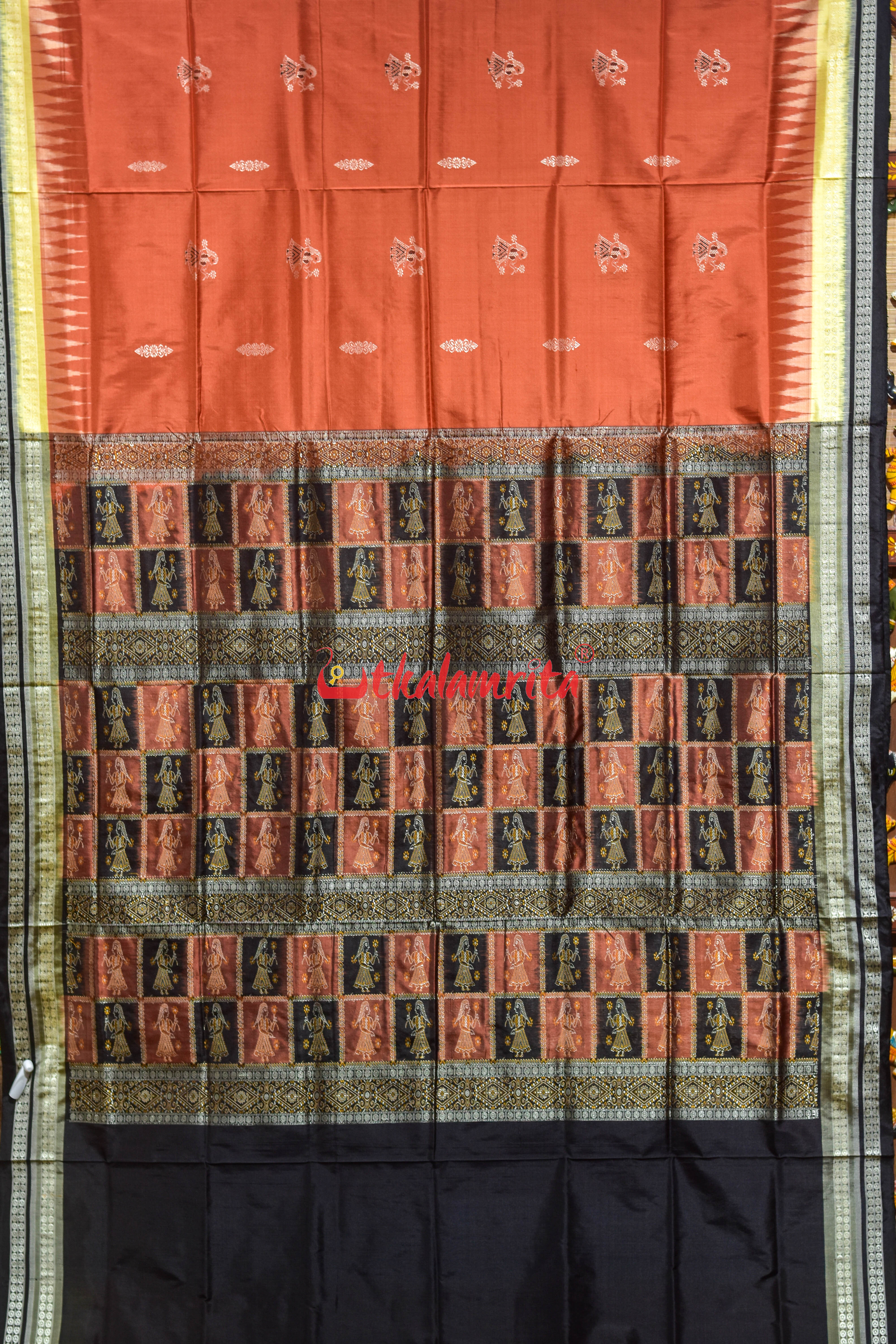 Rust Cream Double Border Doll Bomkai Silk Saree