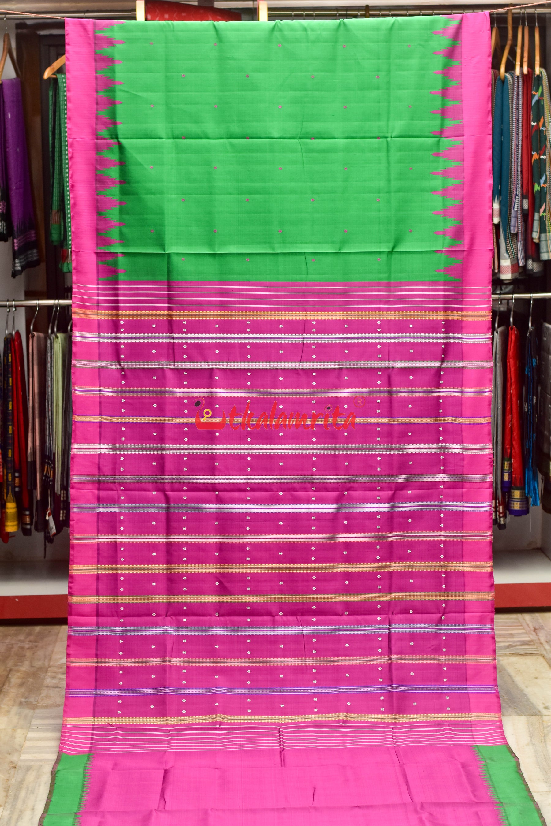 Forest Green Magenta Double Anchal Berhampuri Silk Saree