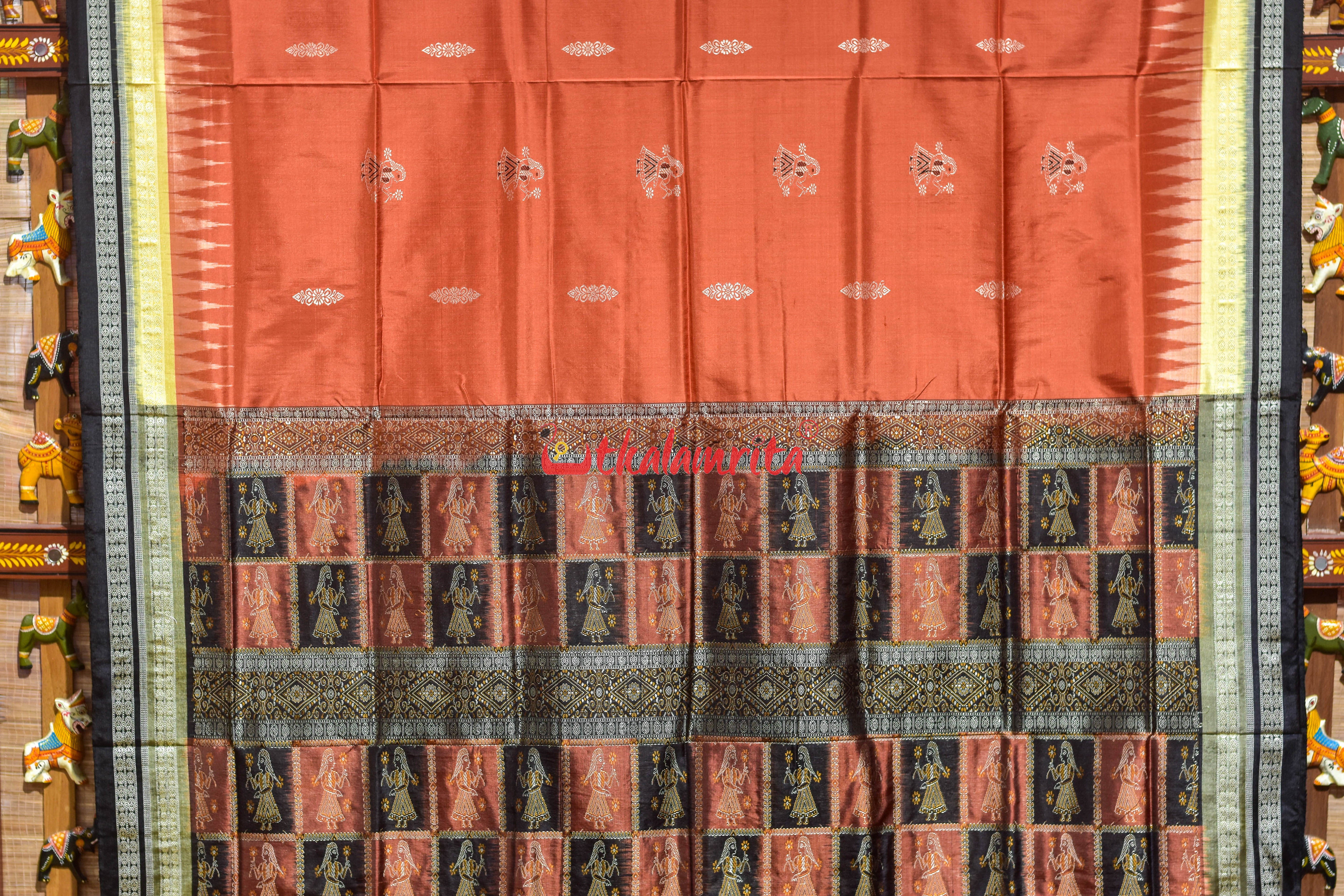 Rust Cream Double Border Doll Bomkai Silk Saree