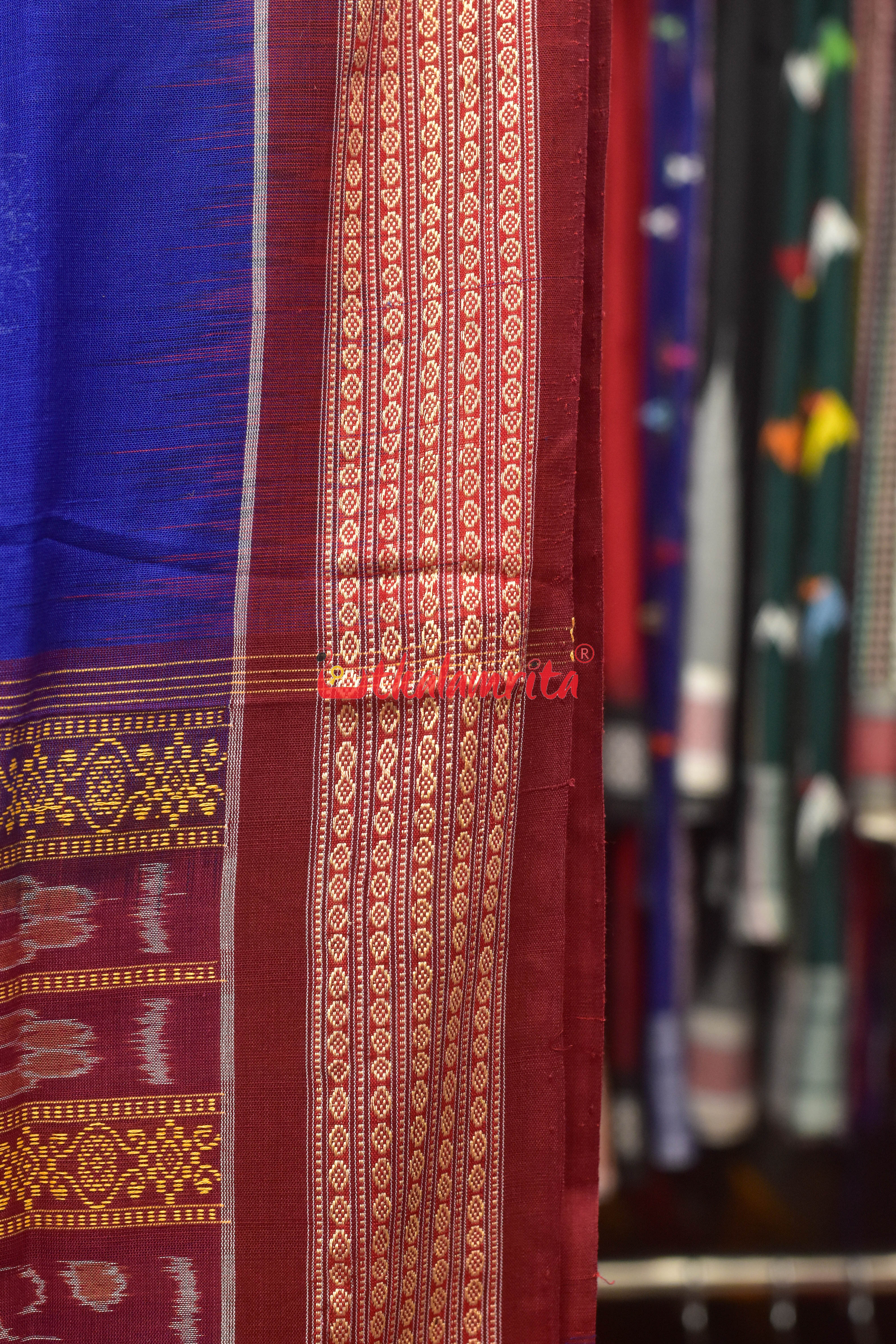 Blue Maroon Padam Bomkai Cotton Saree