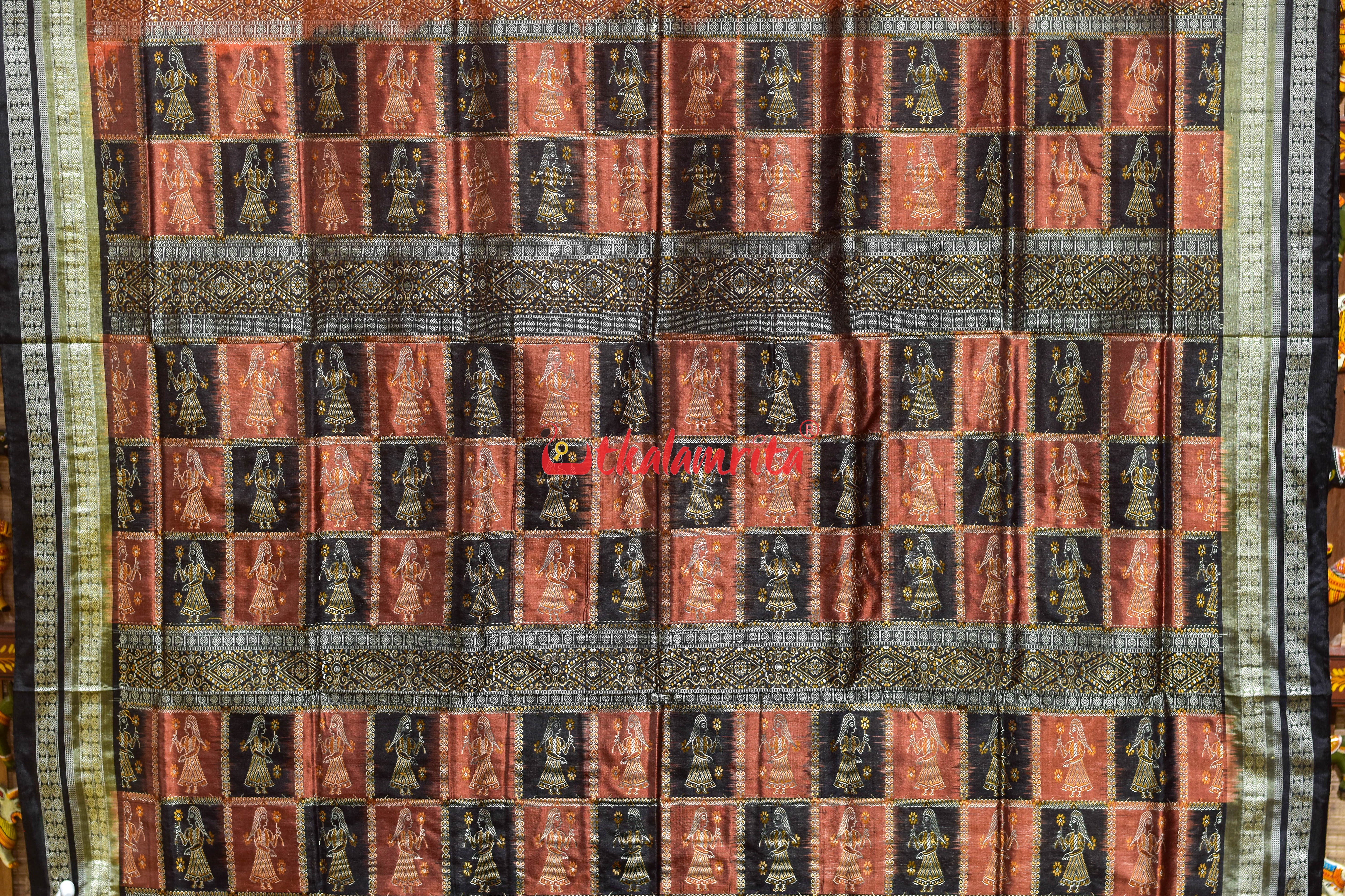 Rust Cream Double Border Doll Bomkai Silk Saree