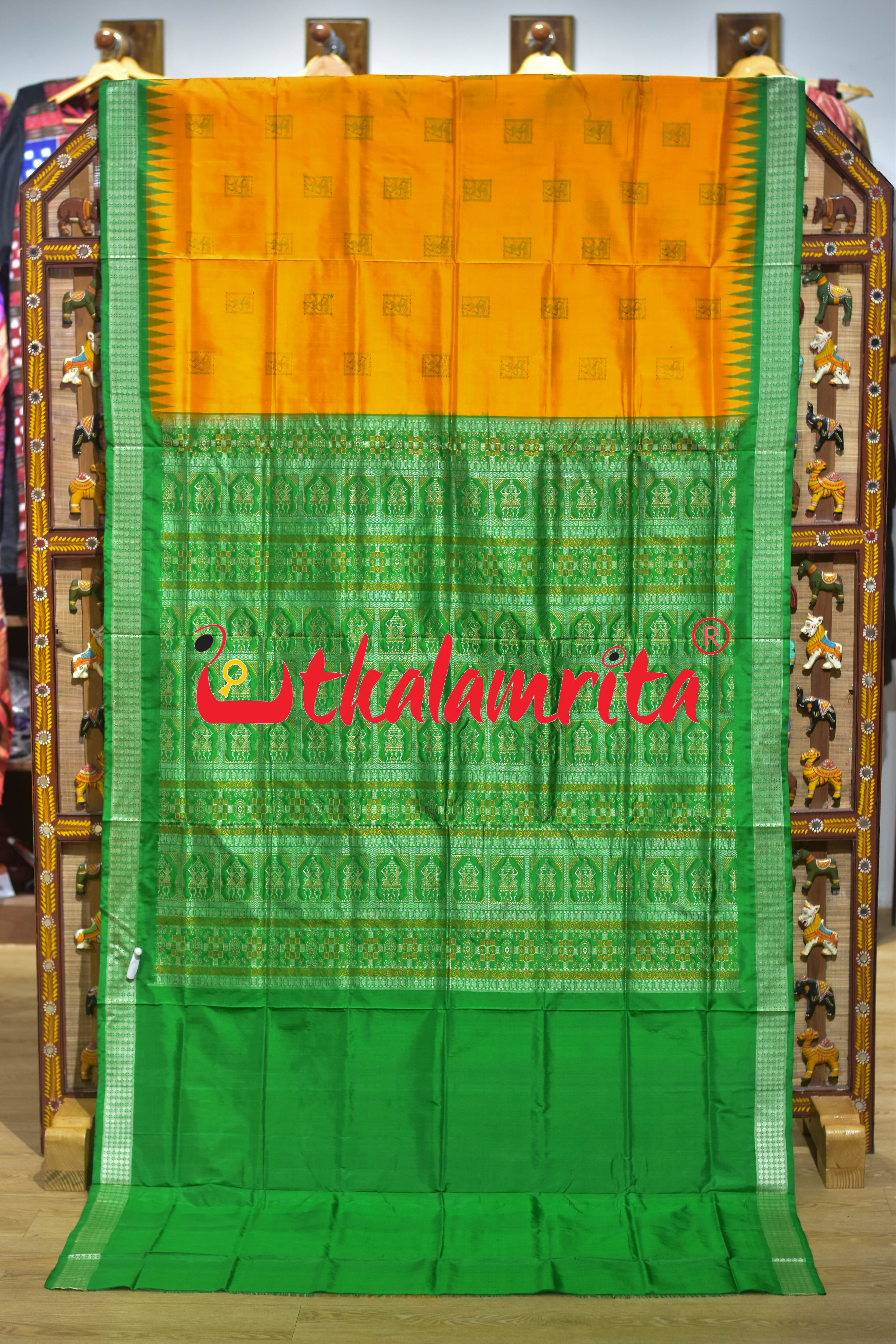 Frooti Golden Green Dhaana Tribal Bomkai Silk Saree