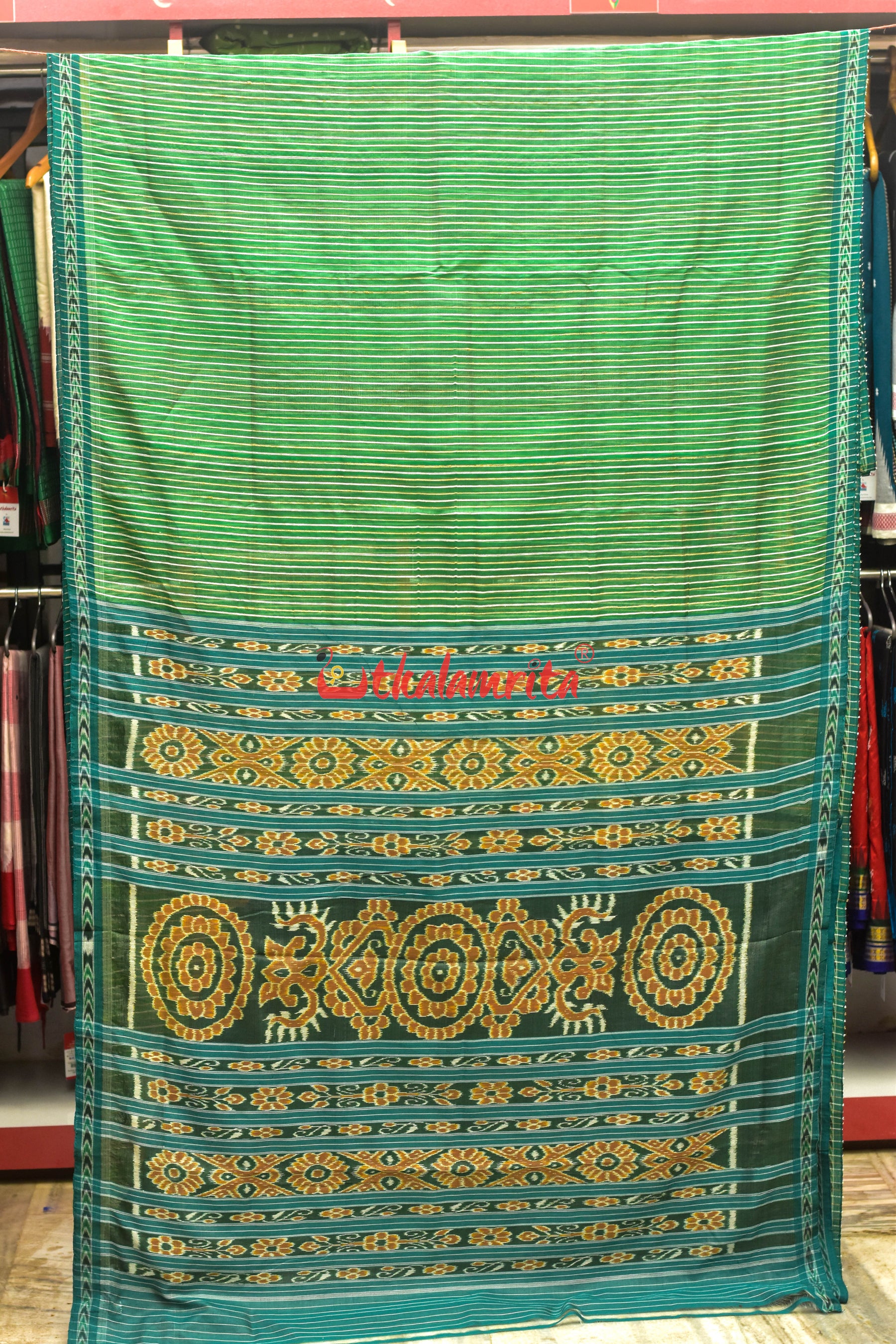 Green Eri Mulberry Flower Anchal Khandua Silk Saree