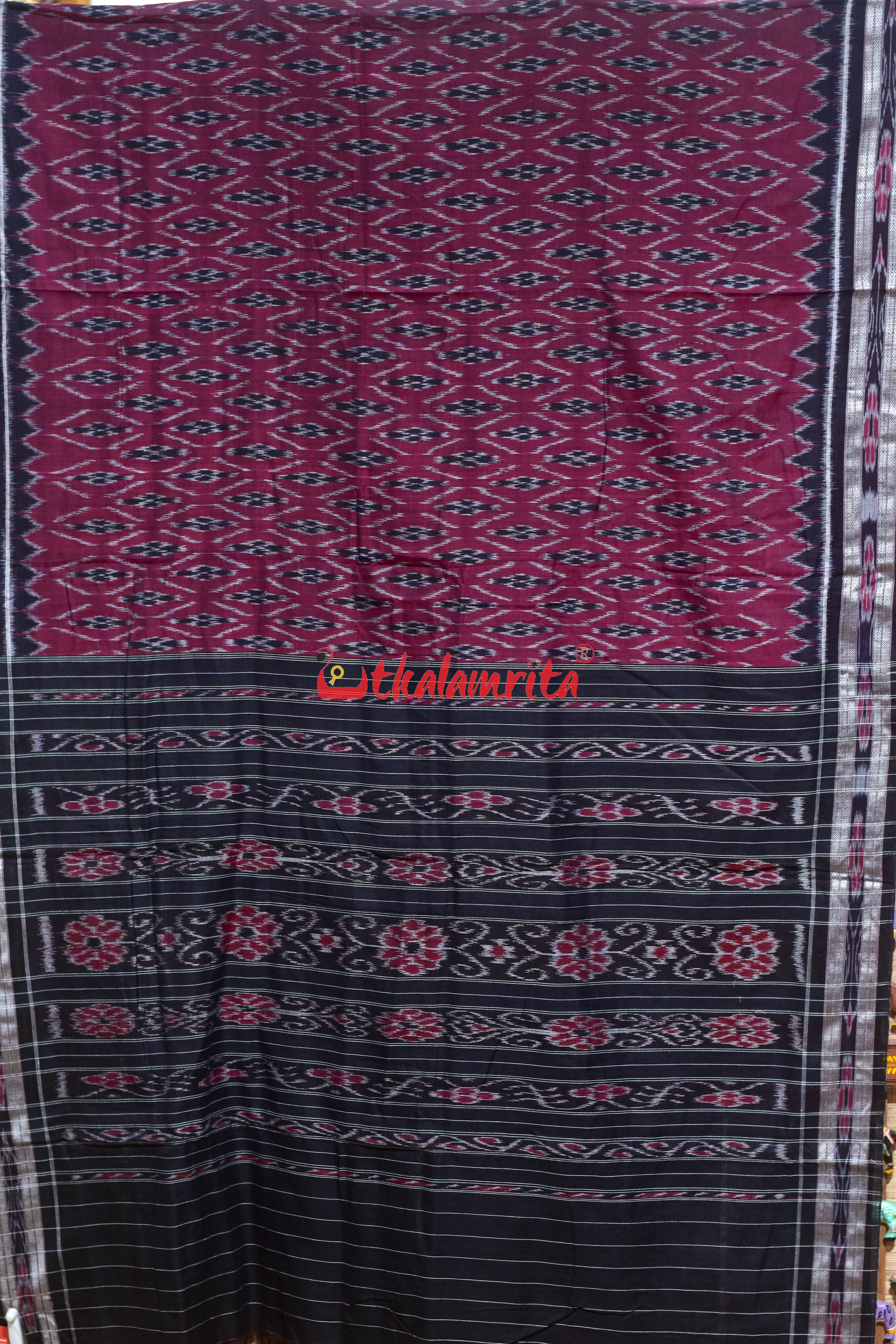 Maroon Black Patra Phula Khandua Cotton Saree