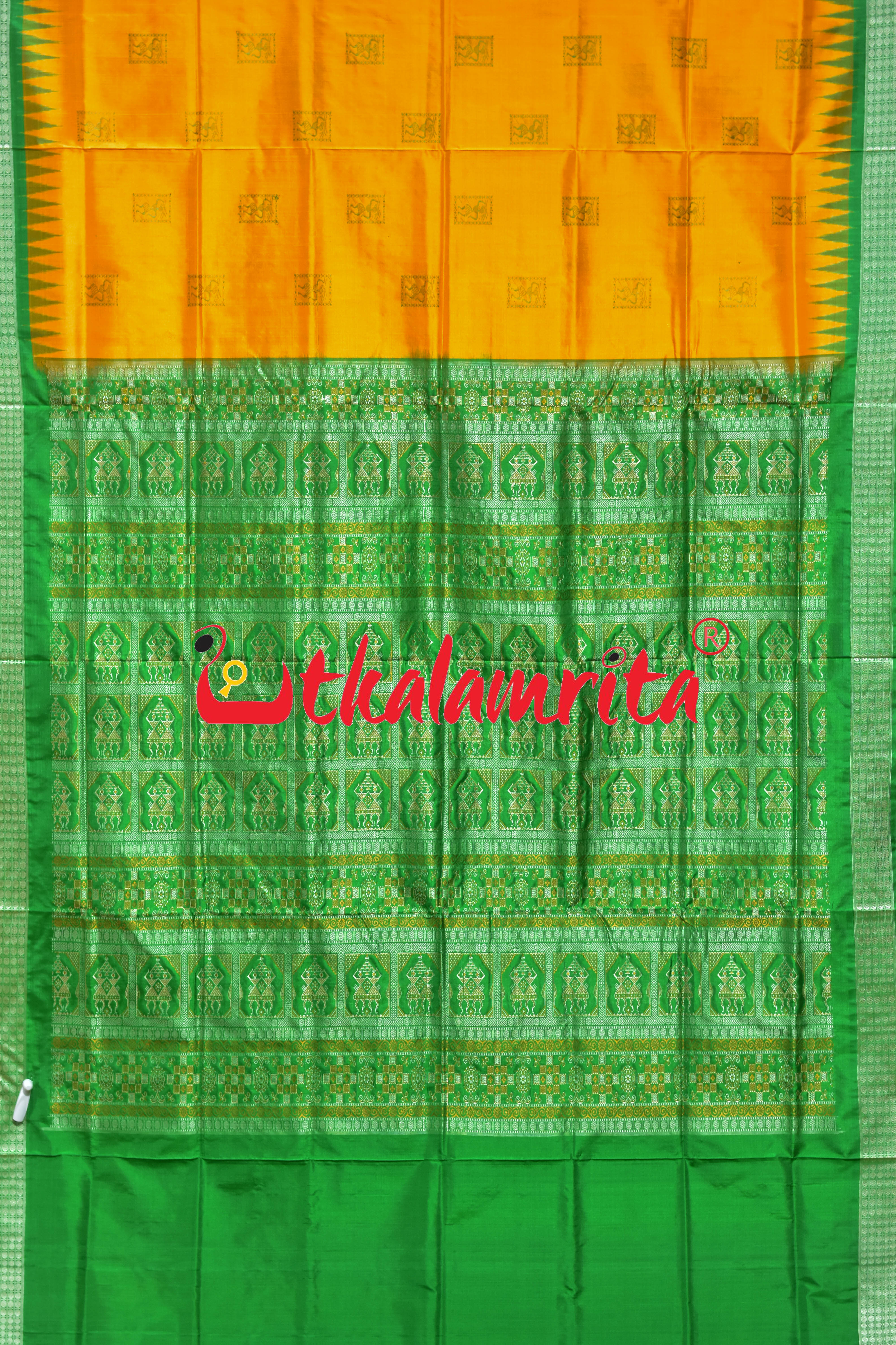 Frooti Golden Green Dhaana Tribal Bomkai Silk Saree