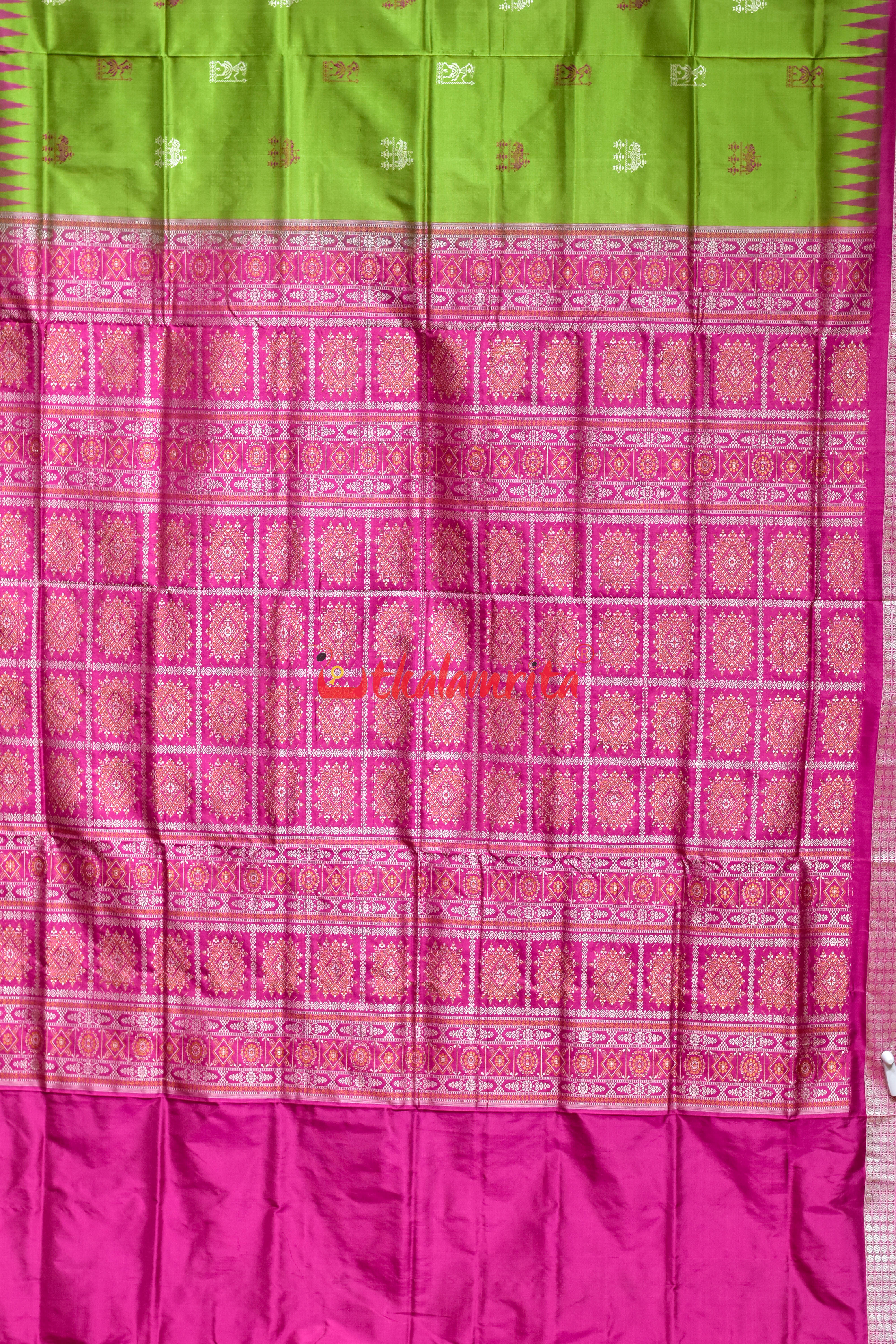 Green Pink Tribal Elephant Bomkai Silk Saree