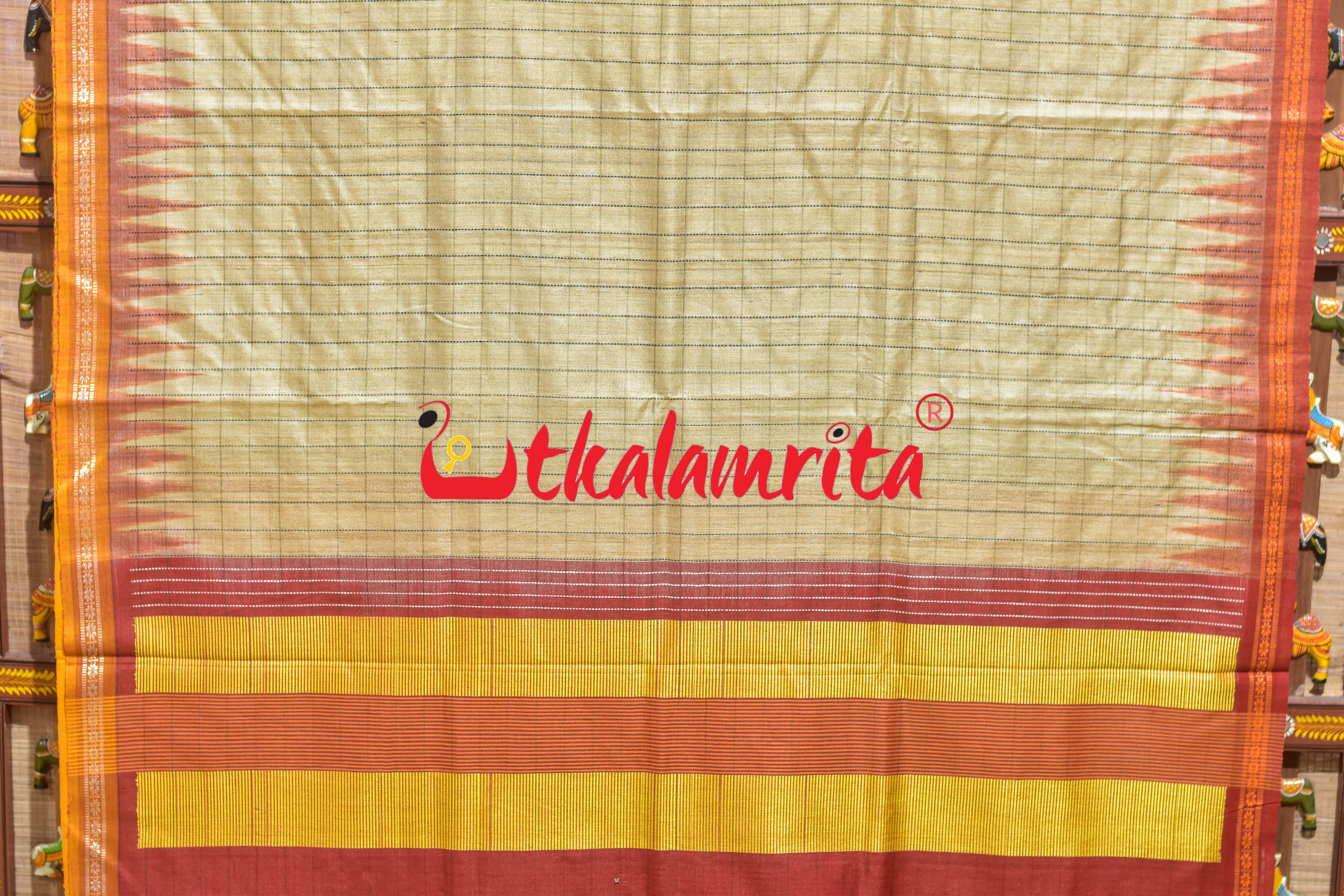 Checks Rust Haldi Ganga Jamuna Fine Gopalpur Tussar Silk Saree