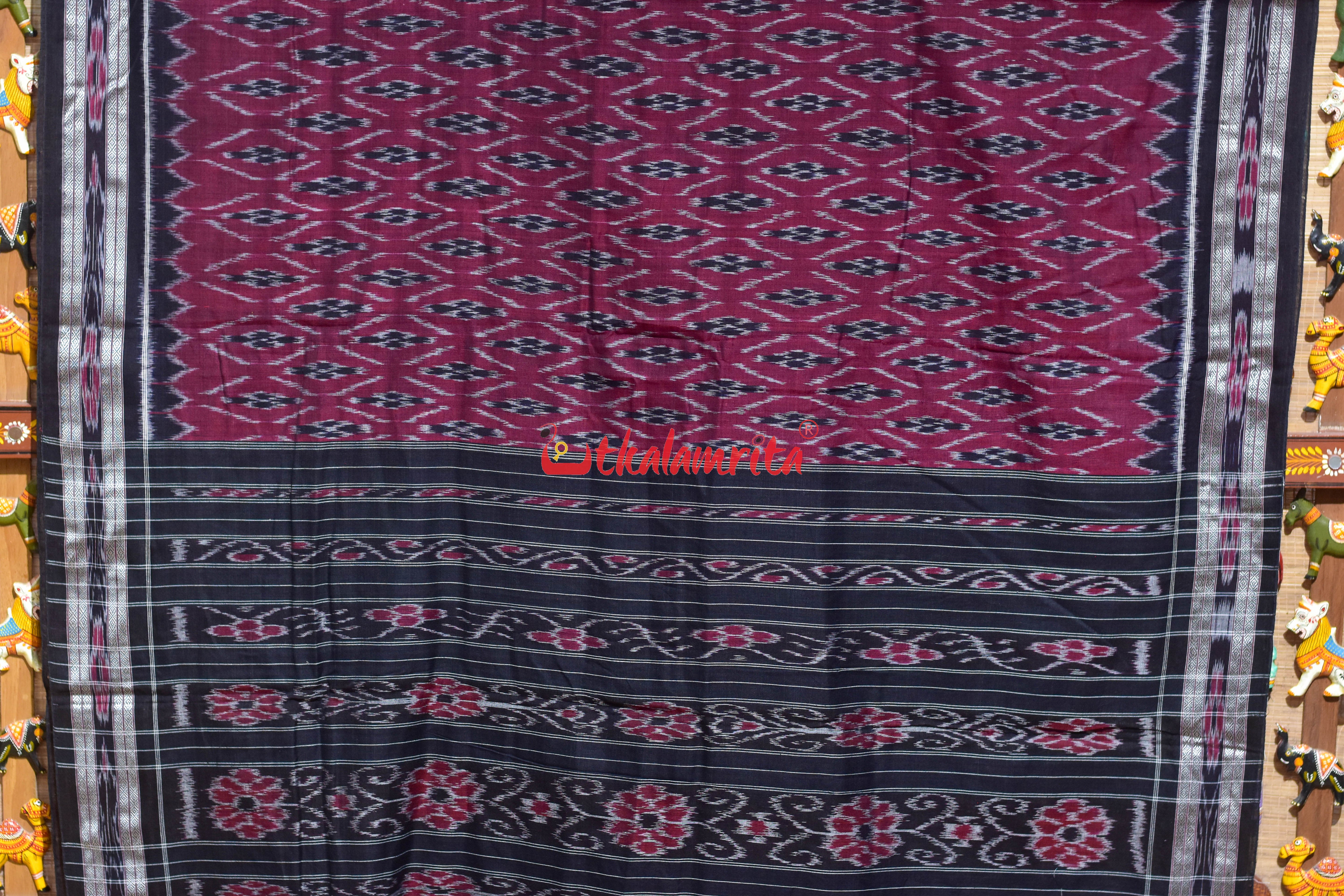 Maroon Black Patra Phula Khandua Cotton Saree