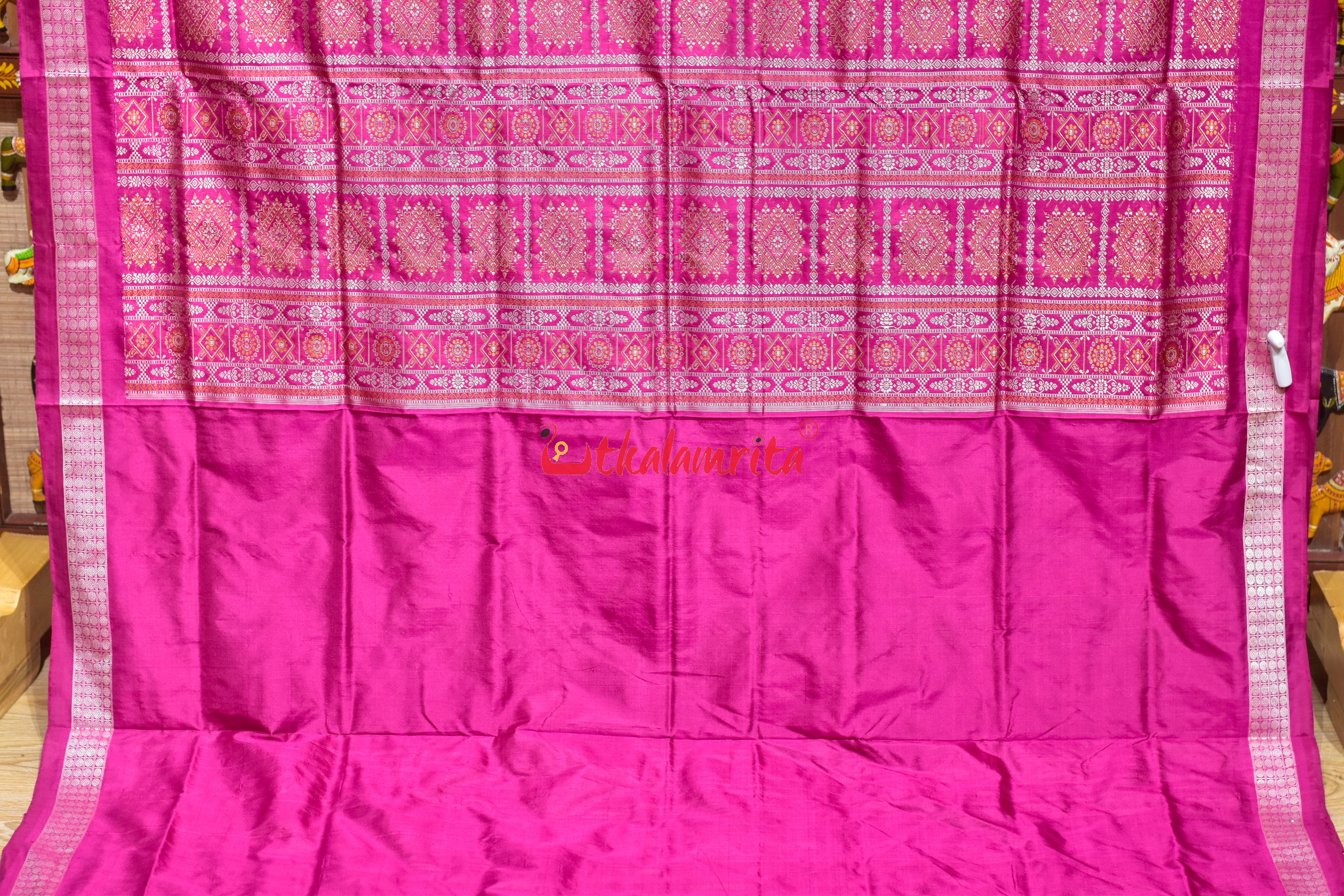 Green Pink Tribal Elephant Bomkai Silk Saree