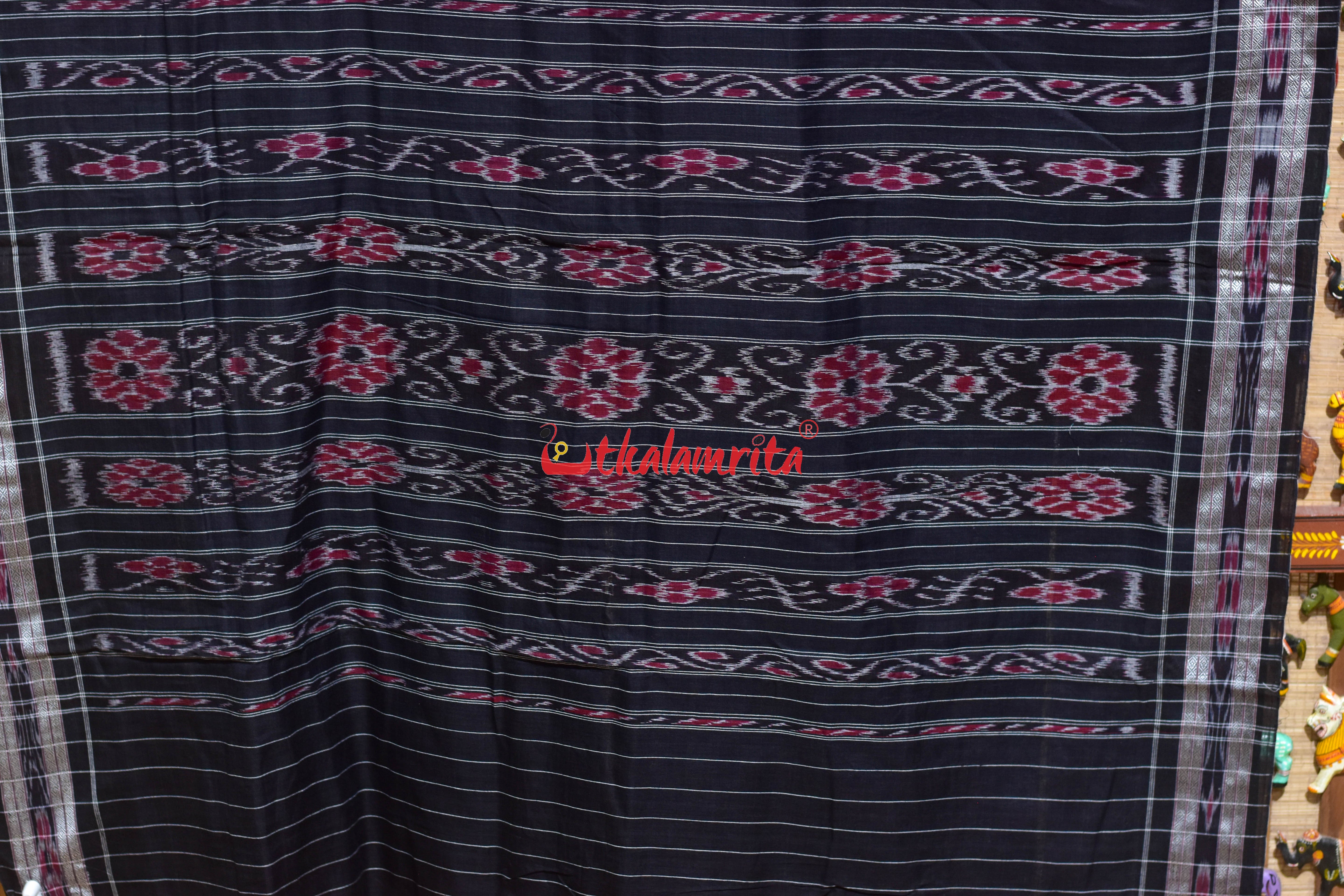 Maroon Black Patra Phula Khandua Cotton Saree