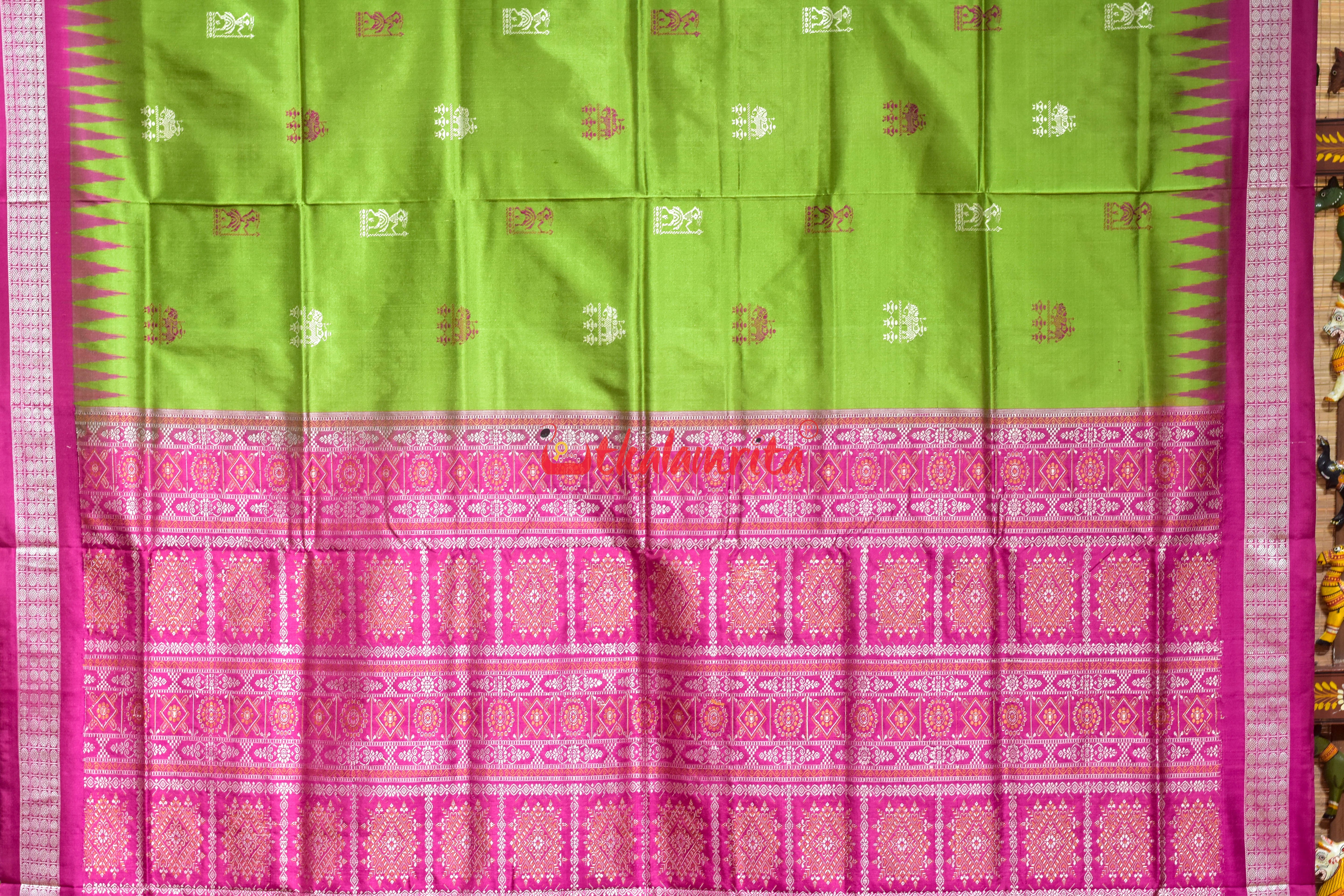Green Pink Tribal Elephant Bomkai Silk Saree