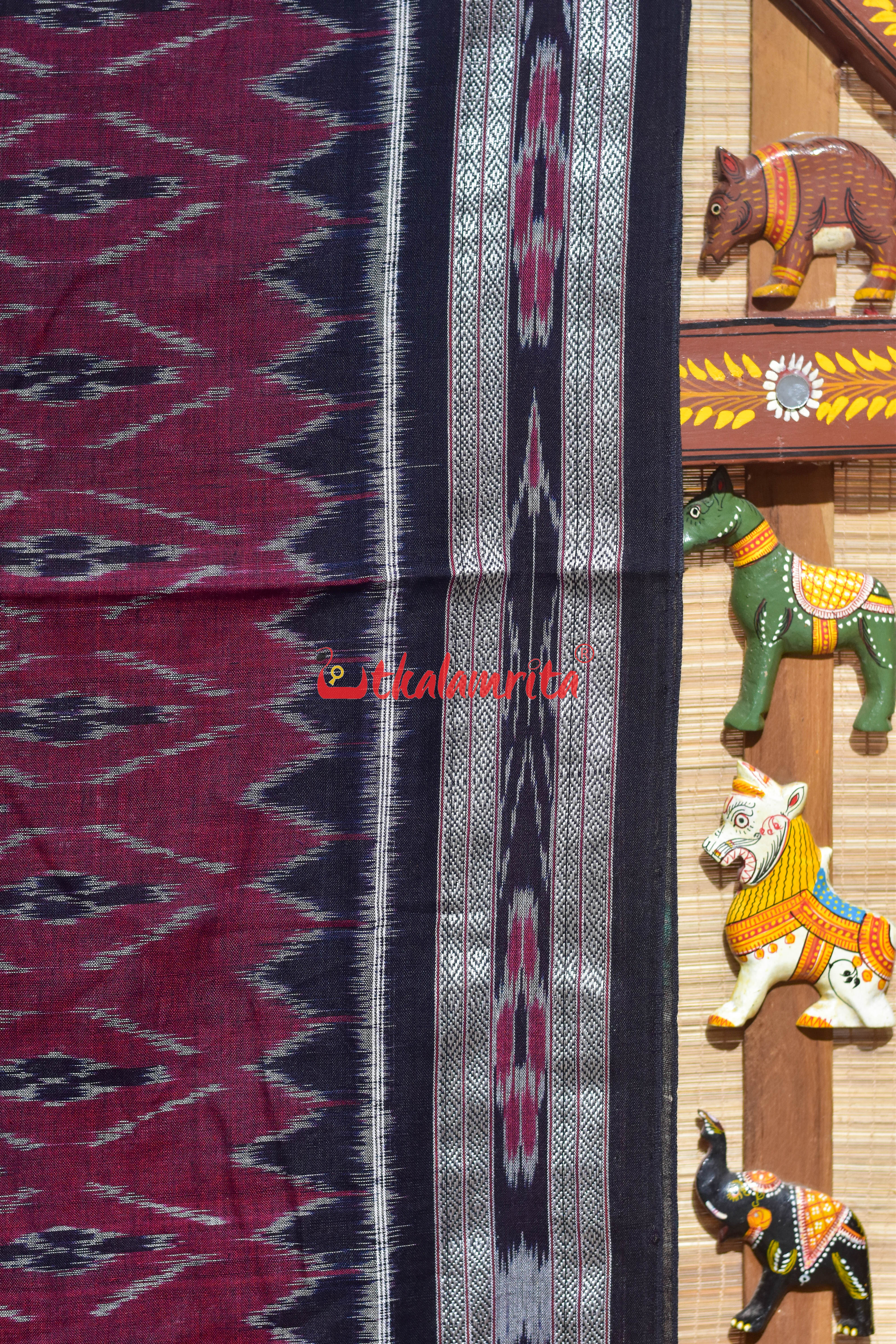 Maroon Black Patra Phula Khandua Cotton Saree