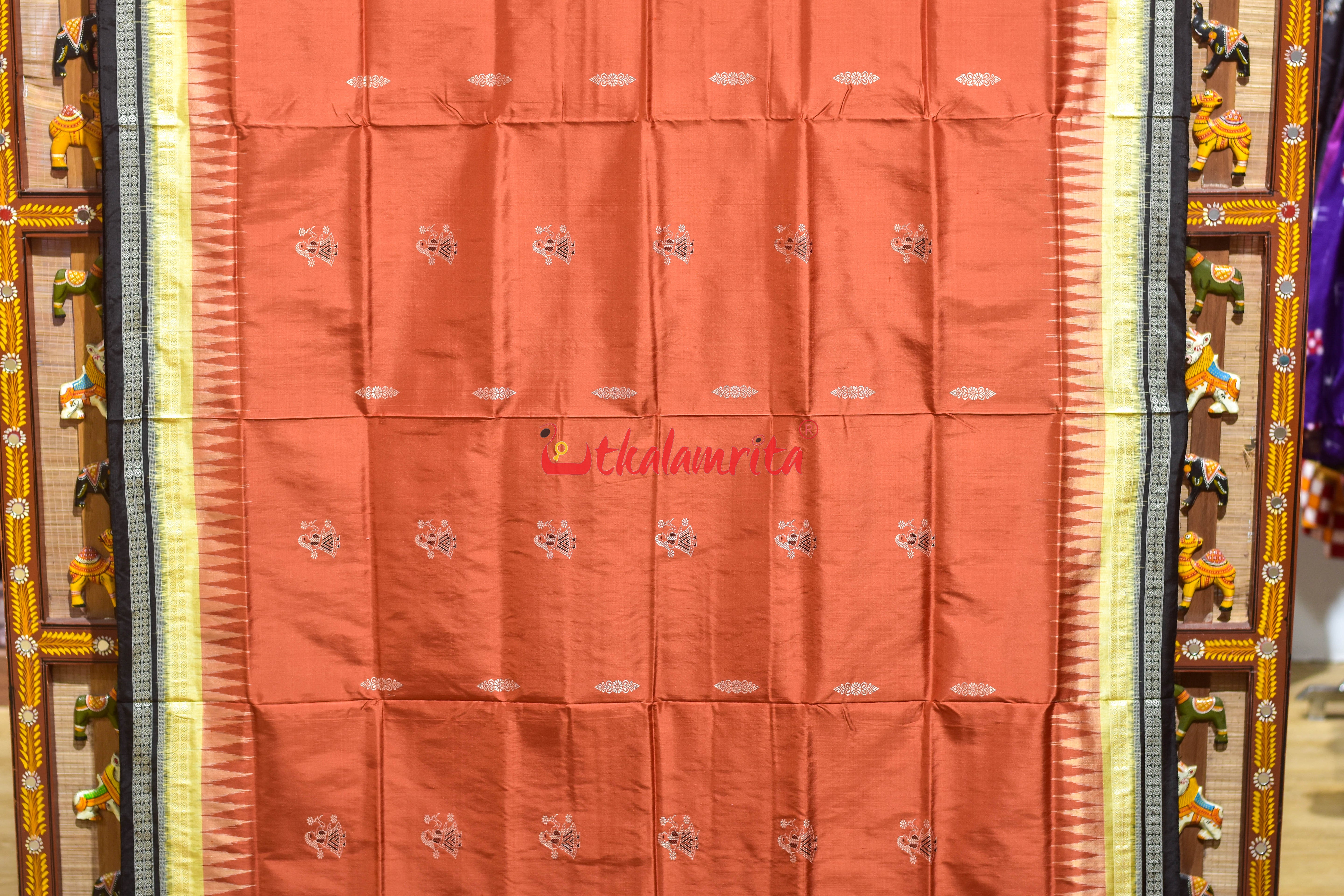 Rust Cream Double Border Doll Bomkai Silk Saree