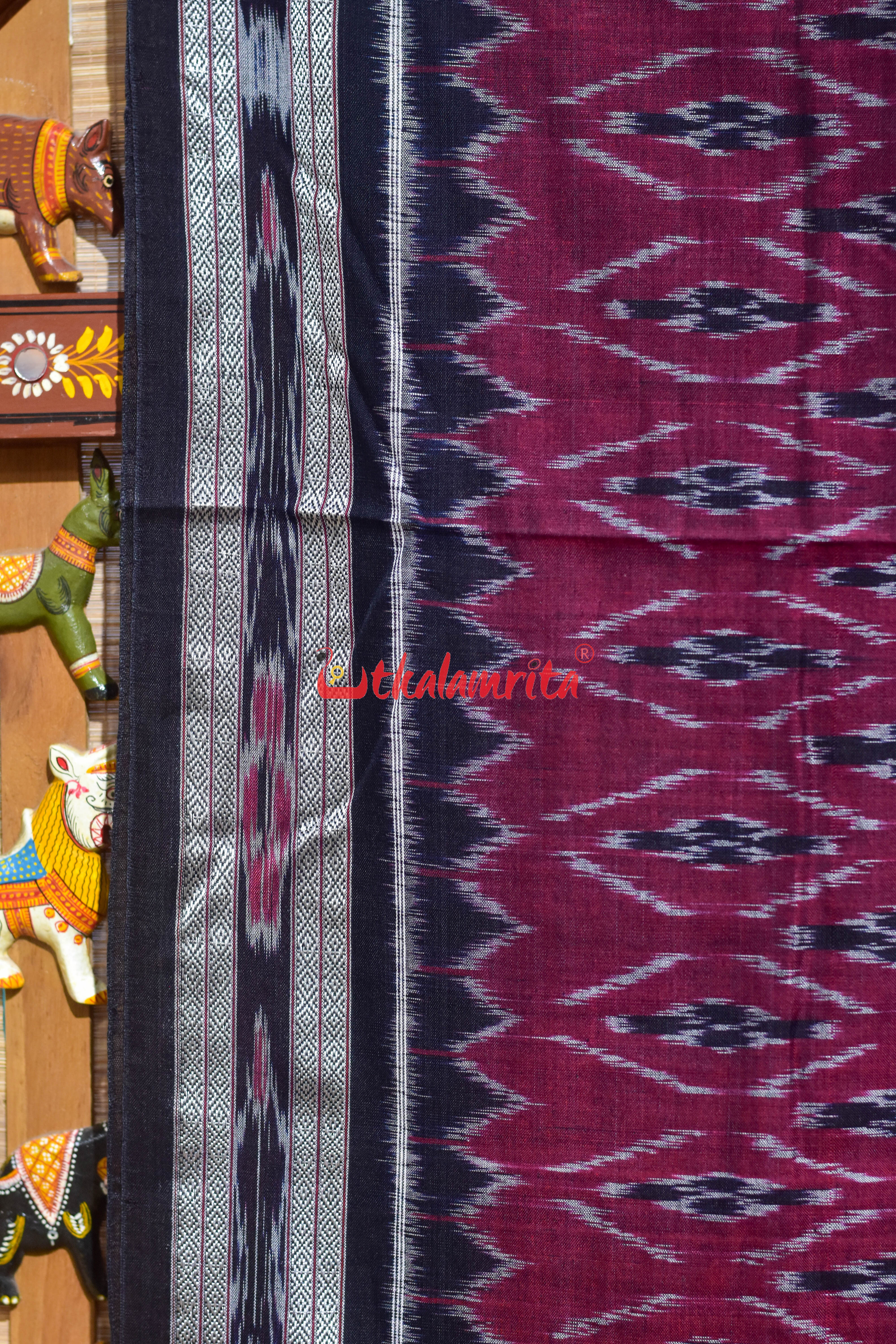 Maroon Black Patra Phula Khandua Cotton Saree