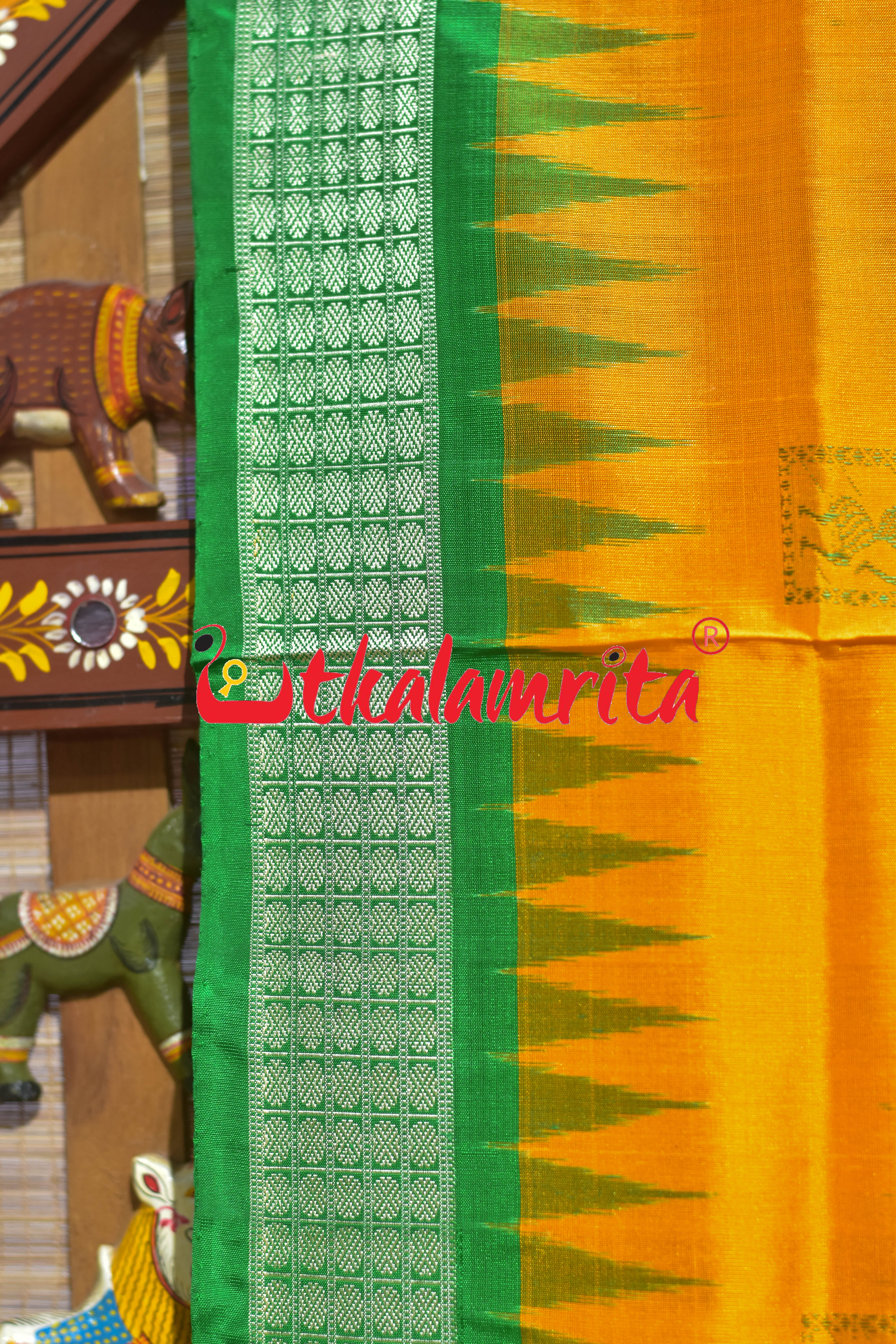 Frooti Golden Green Dhaana Tribal Bomkai Silk Saree