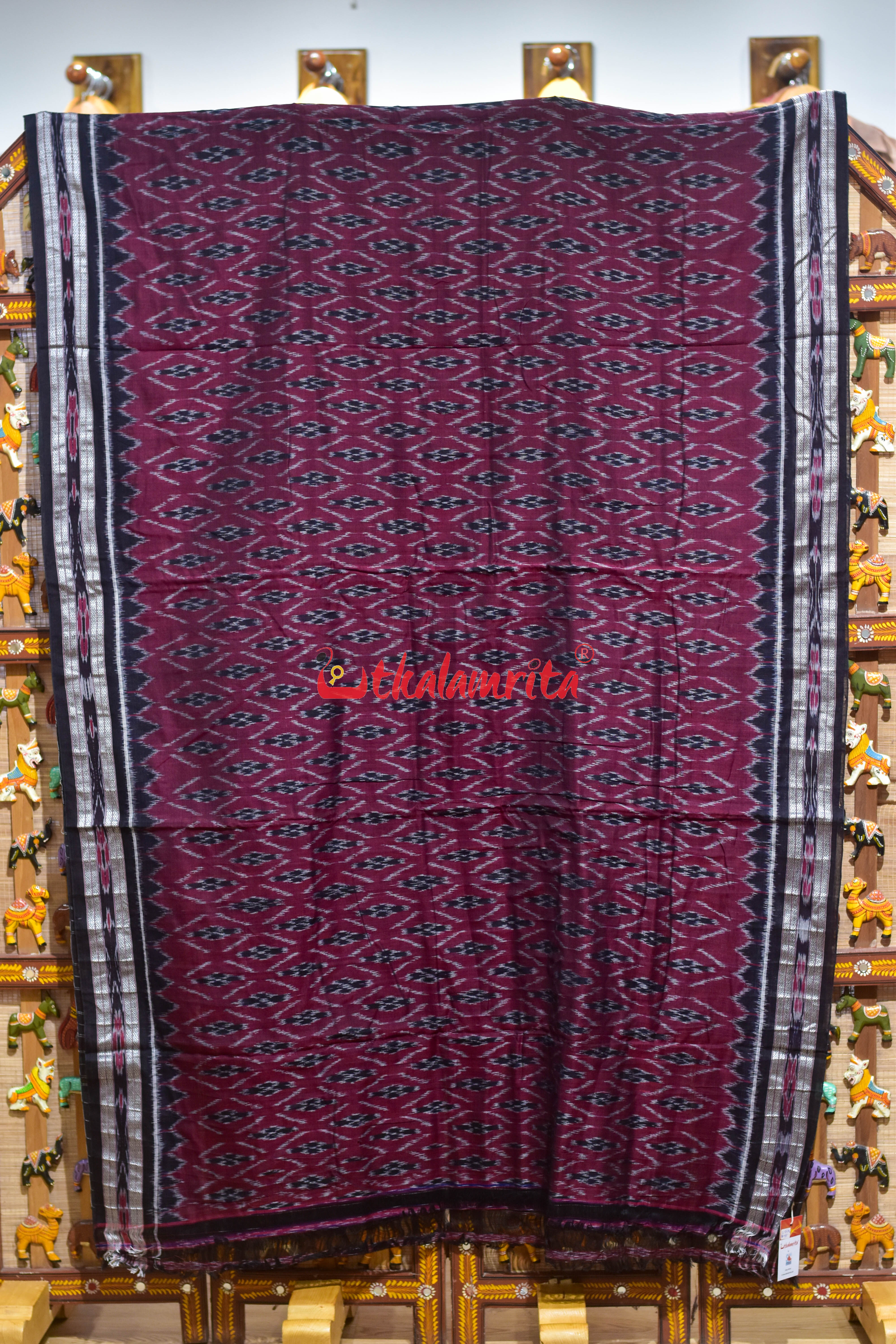 Maroon Black Patra Phula Khandua Cotton Saree