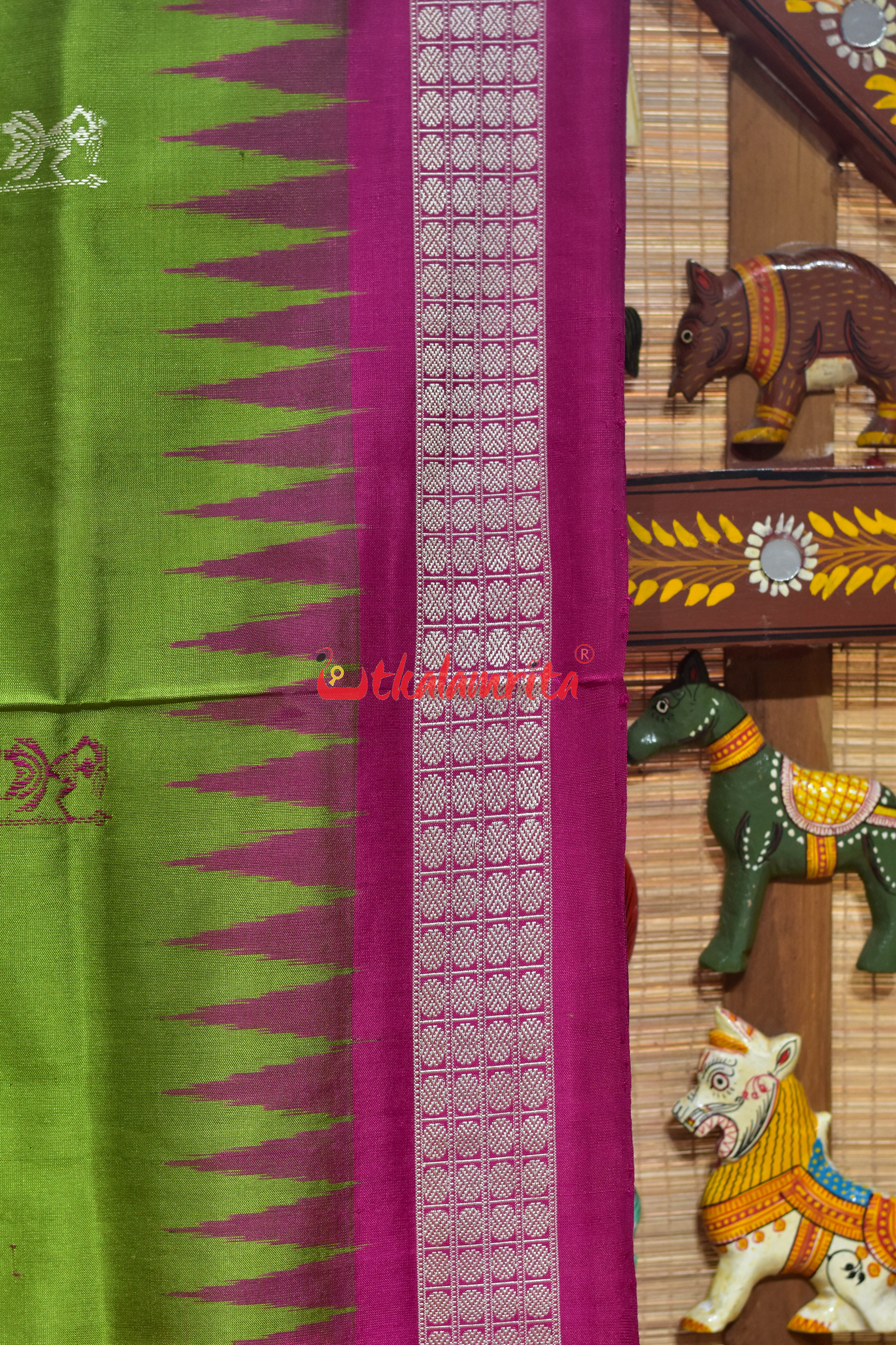 Green Pink Tribal Elephant Bomkai Silk Saree