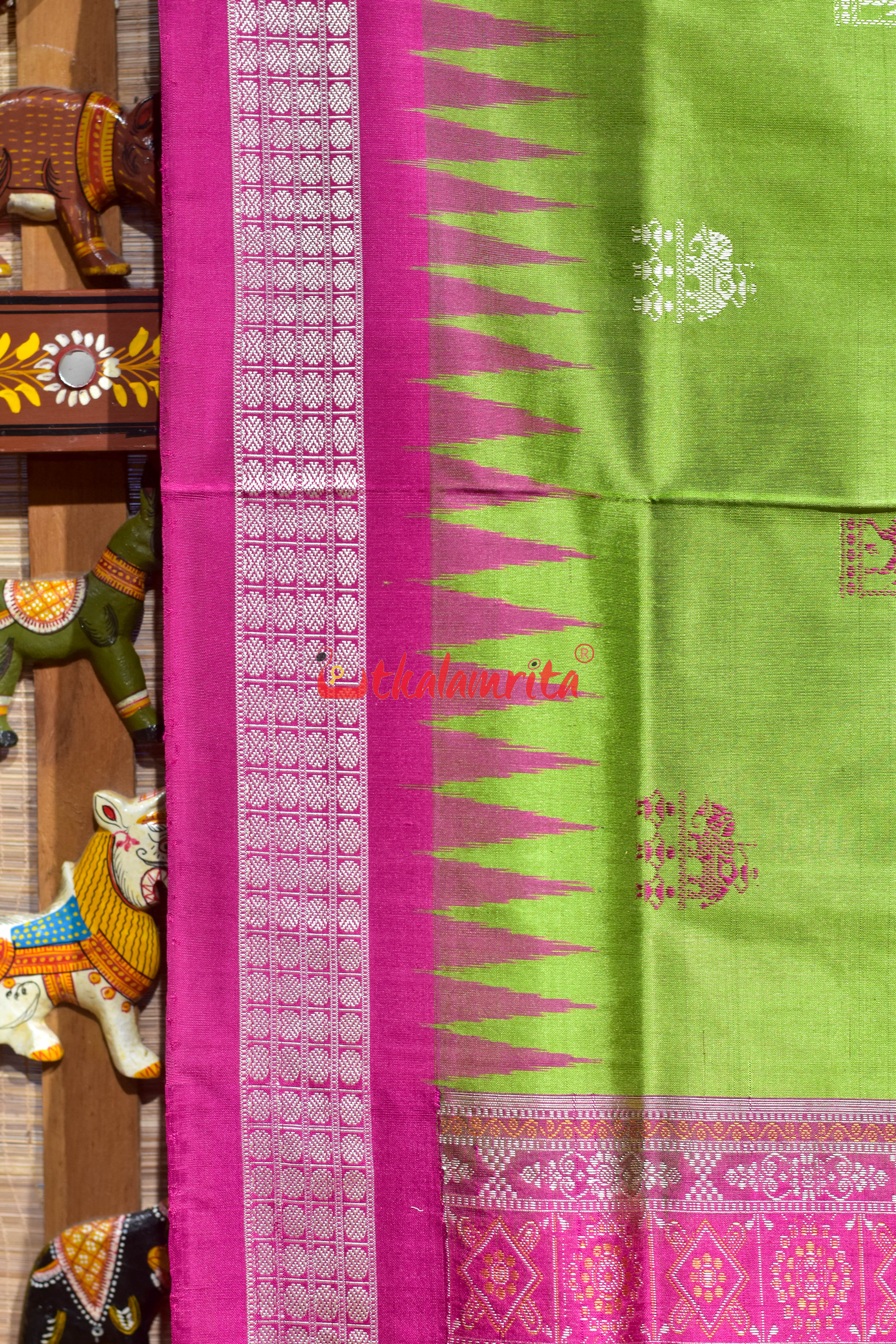 Green Pink Tribal Elephant Bomkai Silk Saree