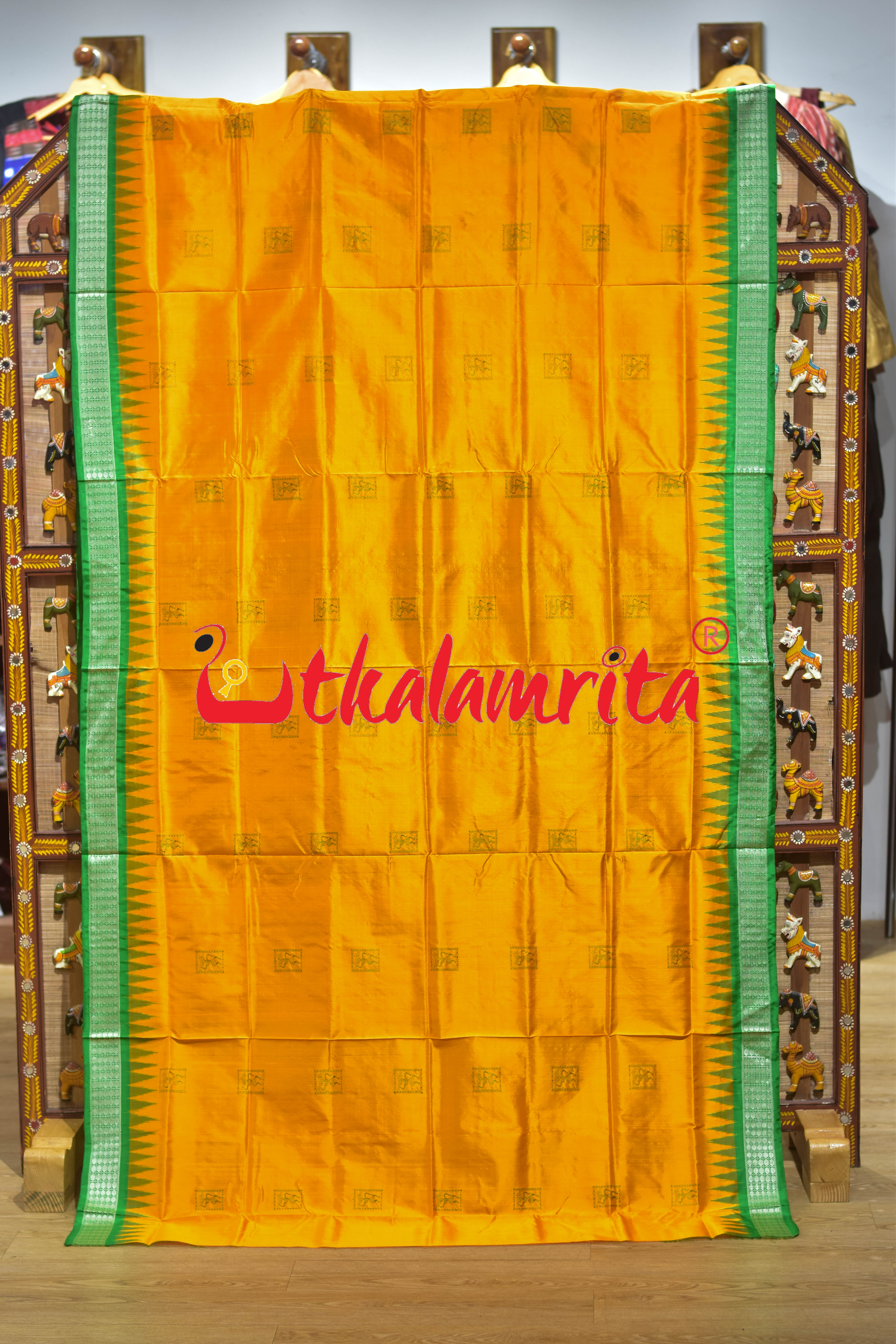 Frooti Golden Green Dhaana Tribal Bomkai Silk Saree
