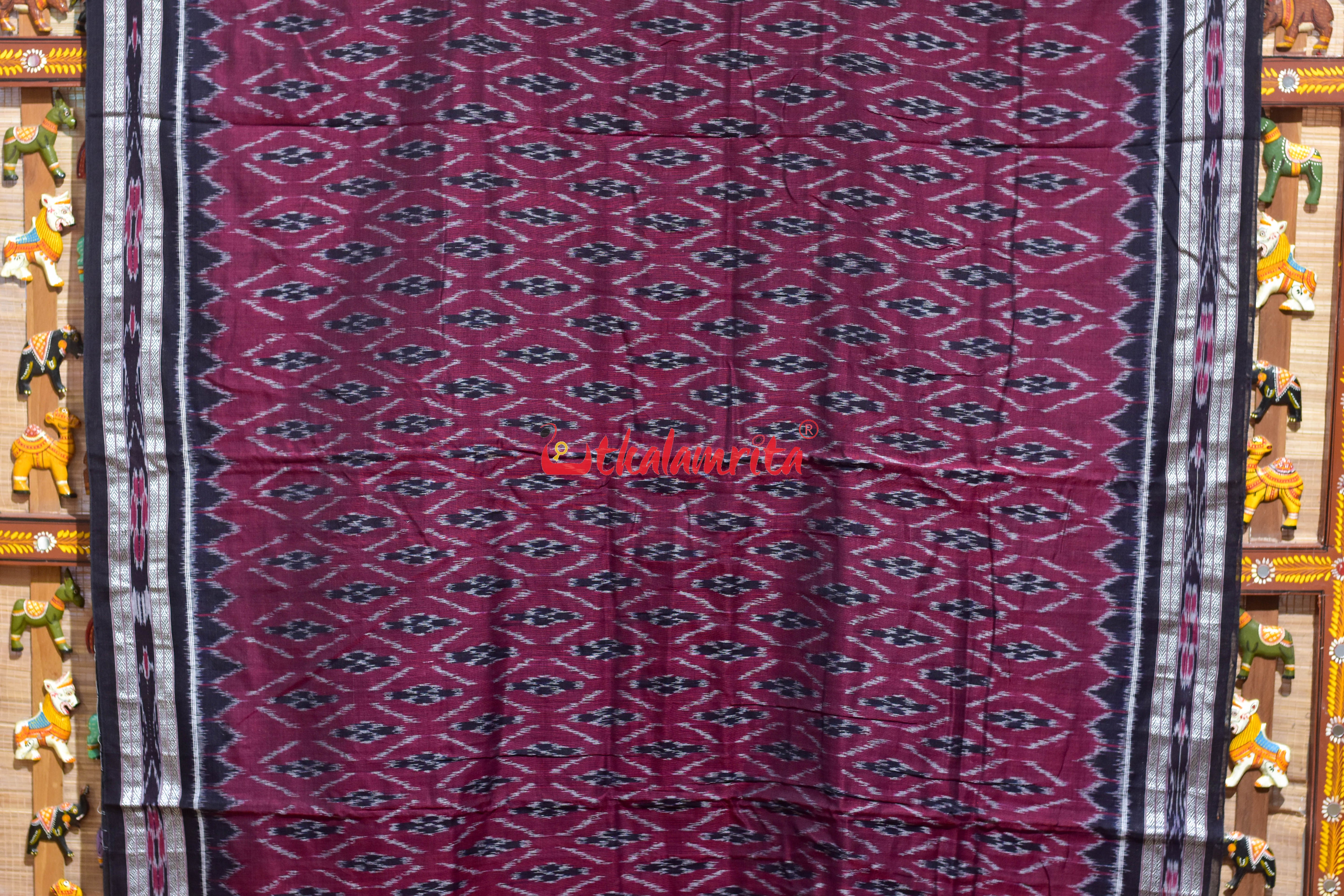 Maroon Black Patra Phula Khandua Cotton Saree