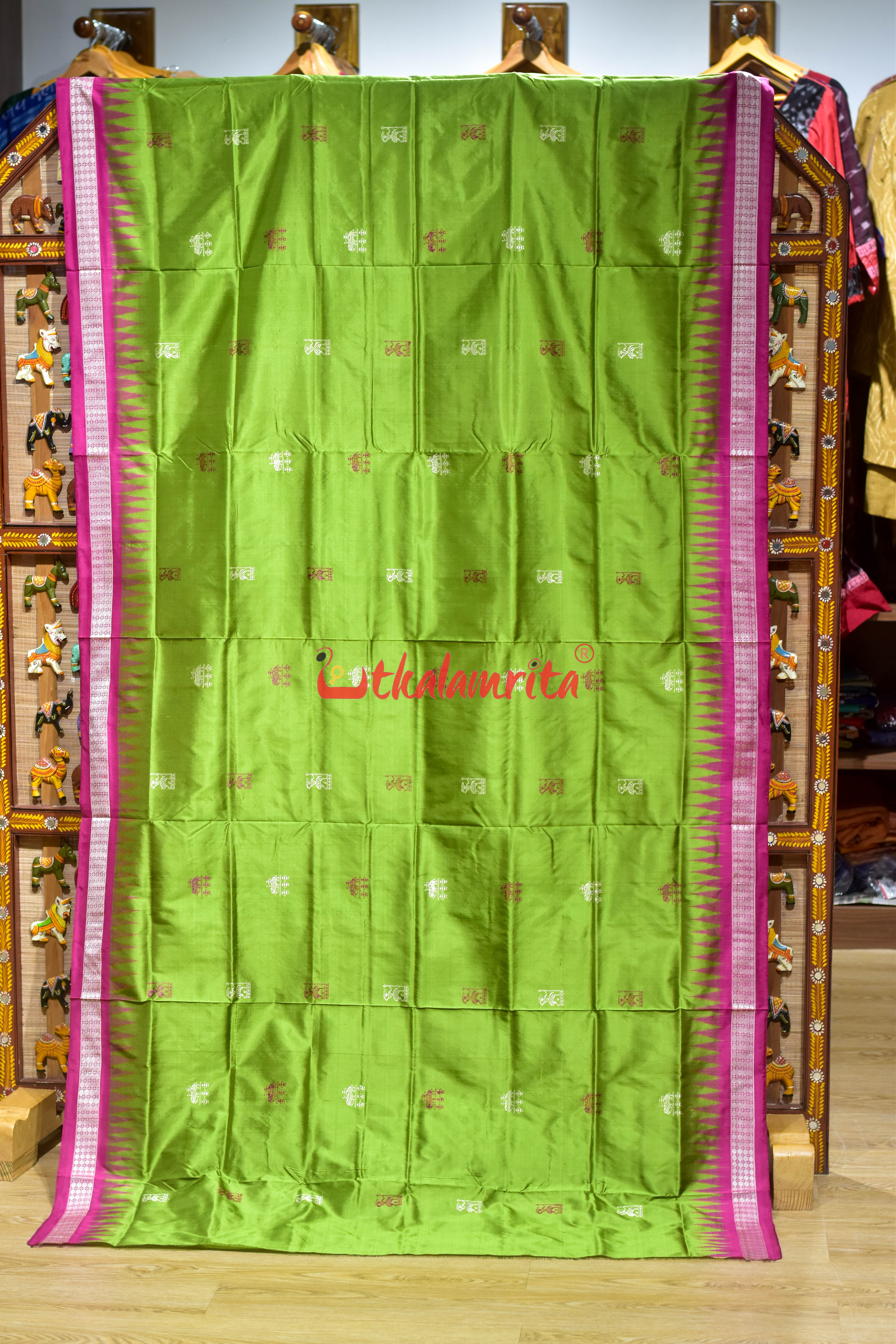 Green Pink Tribal Elephant Bomkai Silk Saree