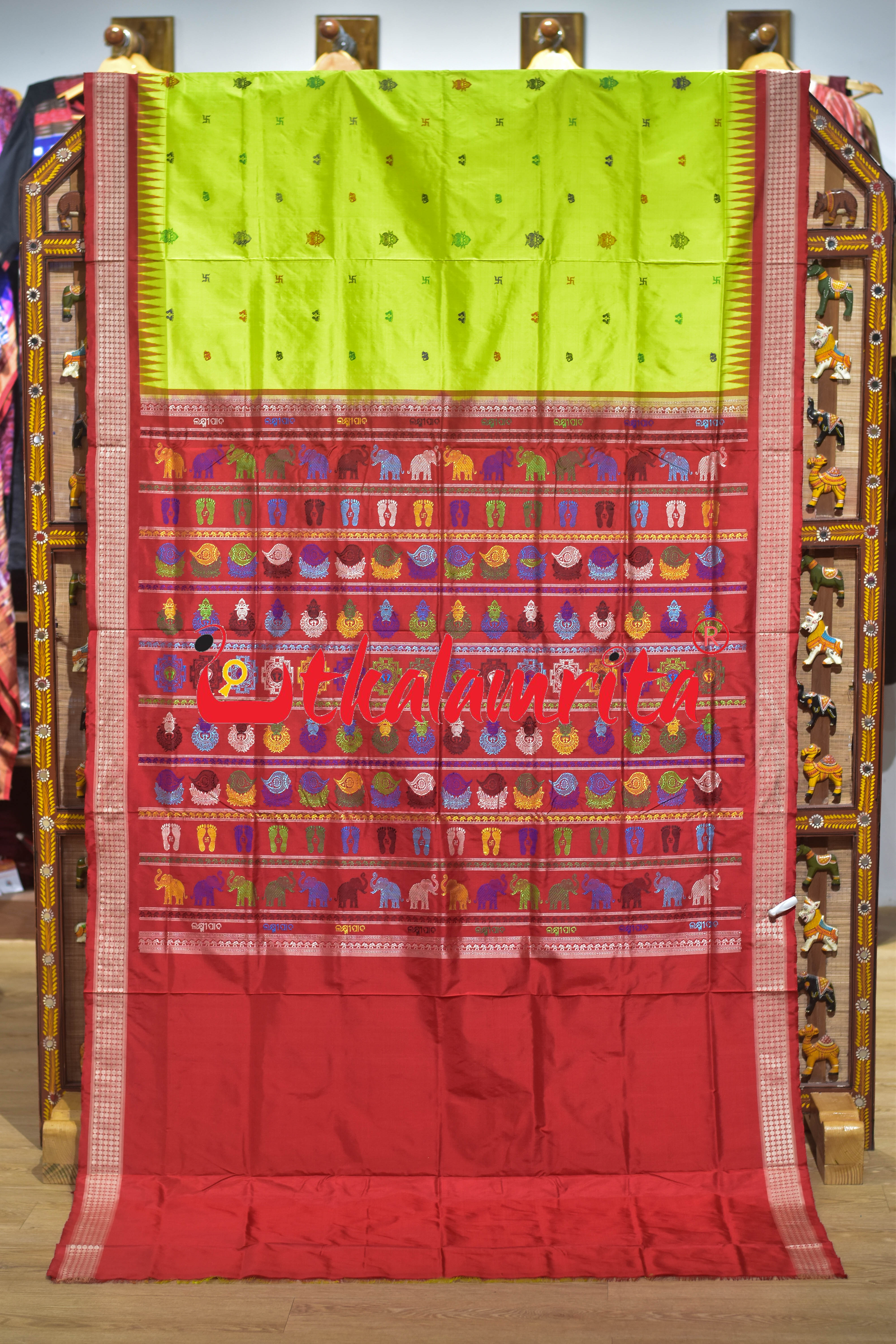 Lakhmi Pada Fluorescent Green Red Bomkai Silk Saree