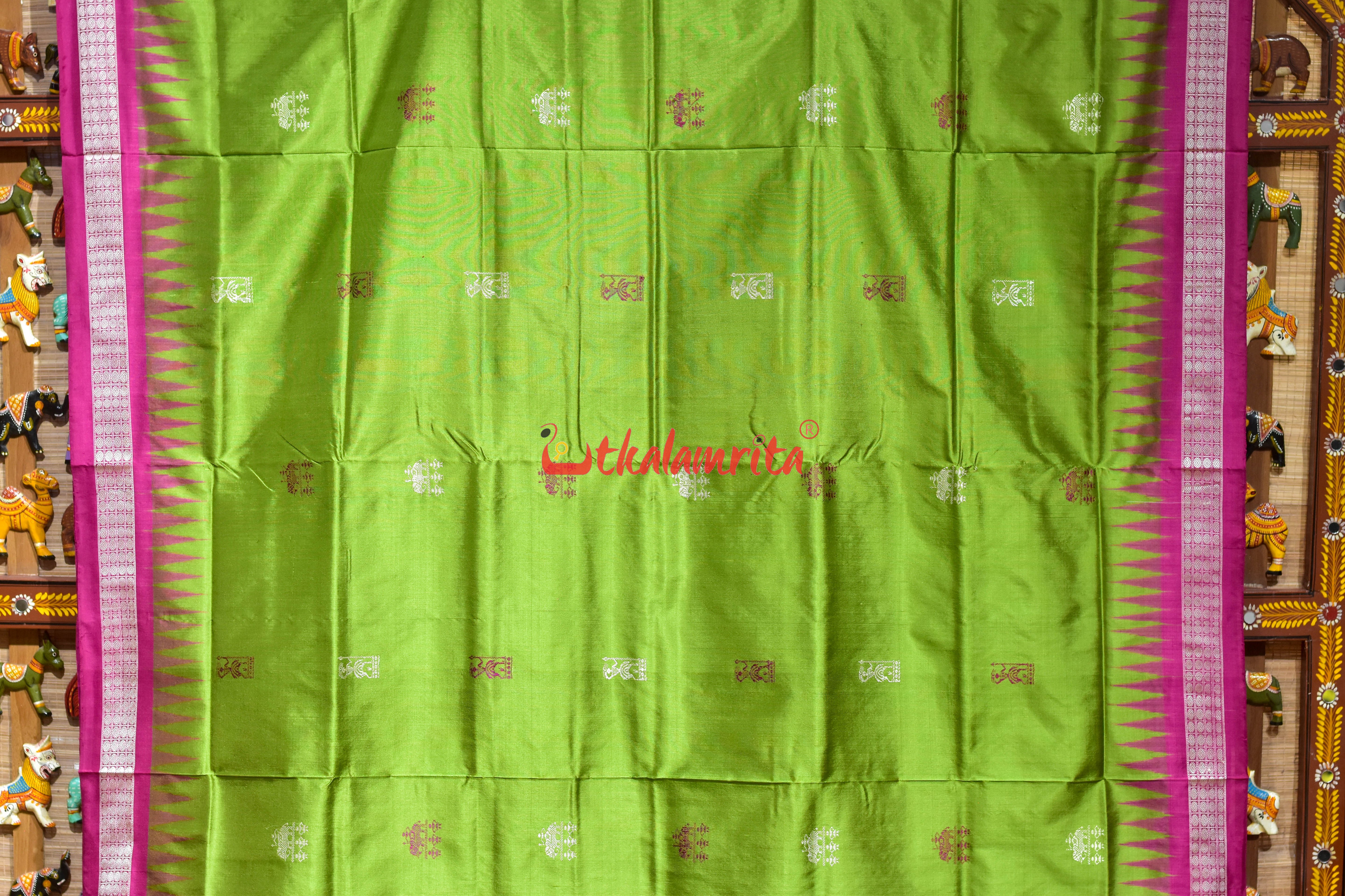 Green Pink Tribal Elephant Bomkai Silk Saree
