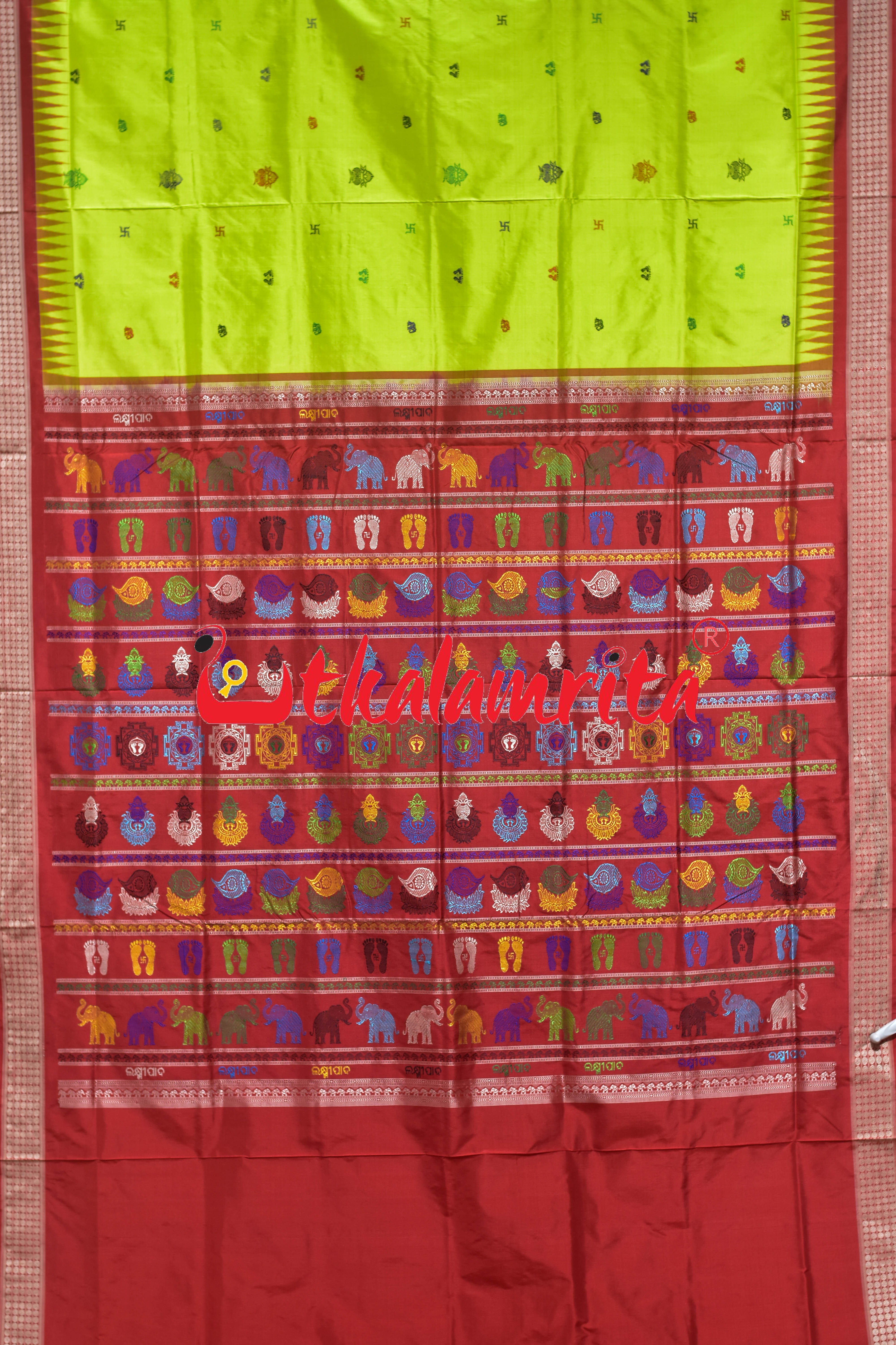 Lakhmi Pada Fluorescent Green Red Bomkai Silk Saree