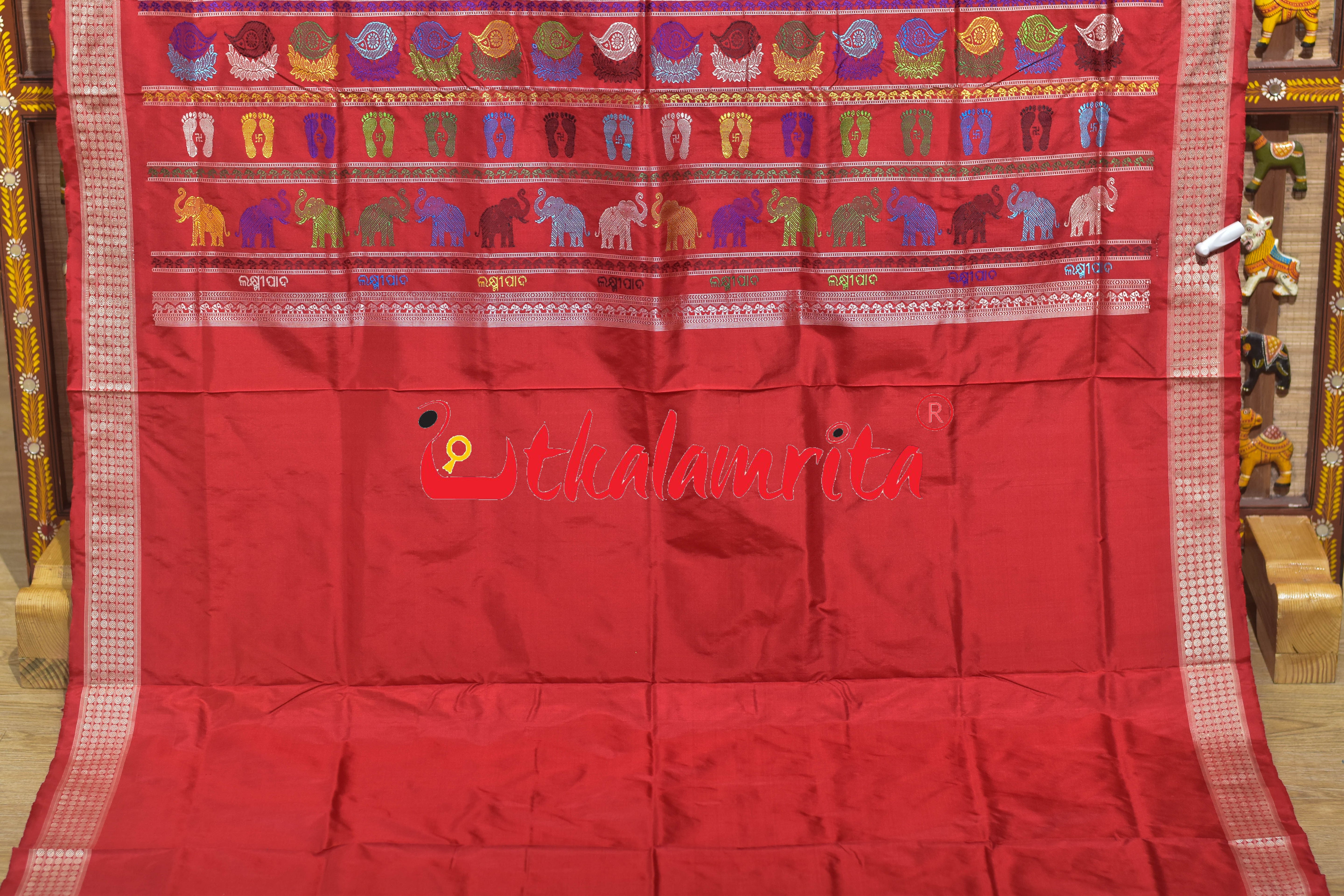Lakhmi Pada Fluorescent Green Red Bomkai Silk Saree