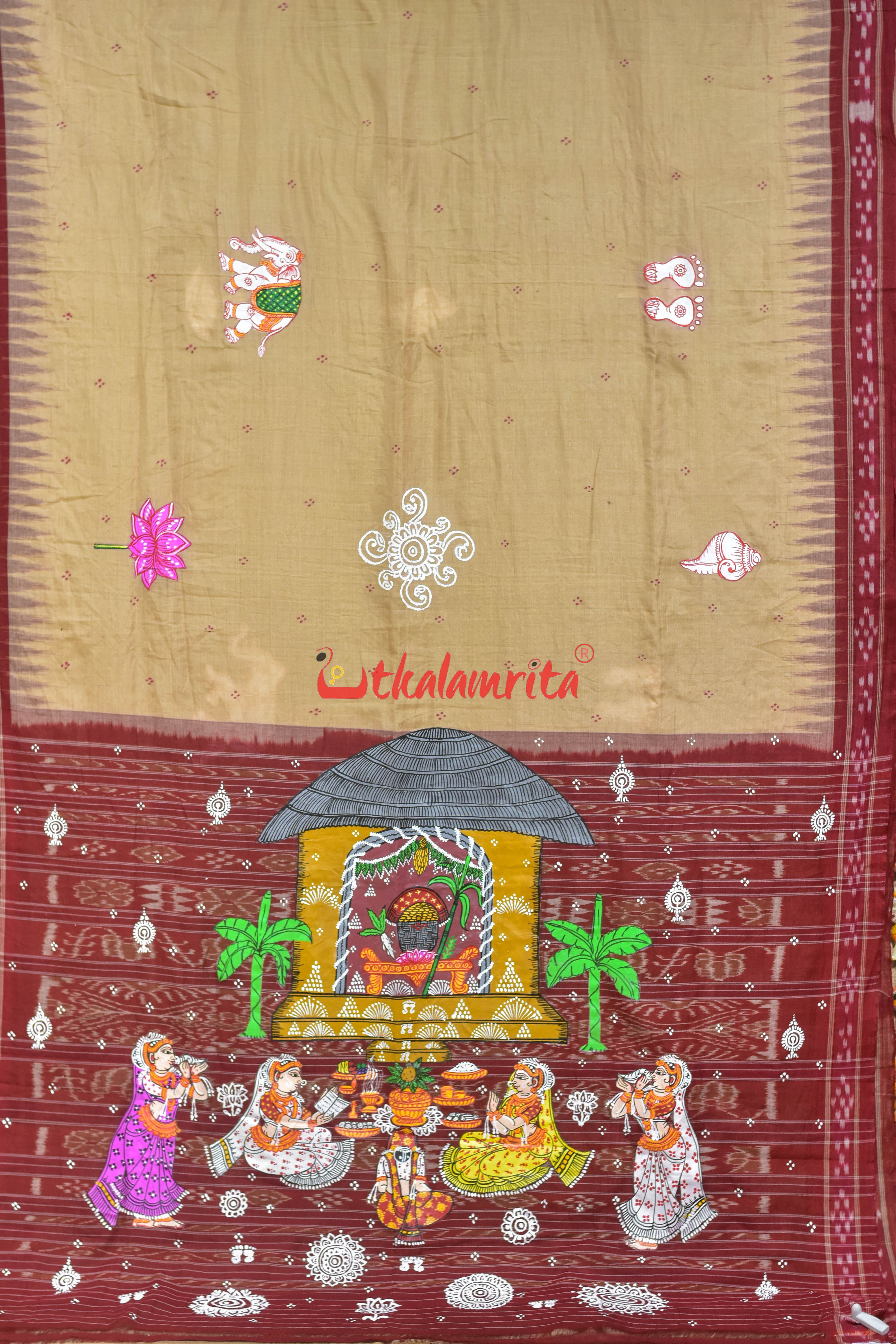 Ghee Maroon Laxmi Puja Pattachitra Cotton Saree