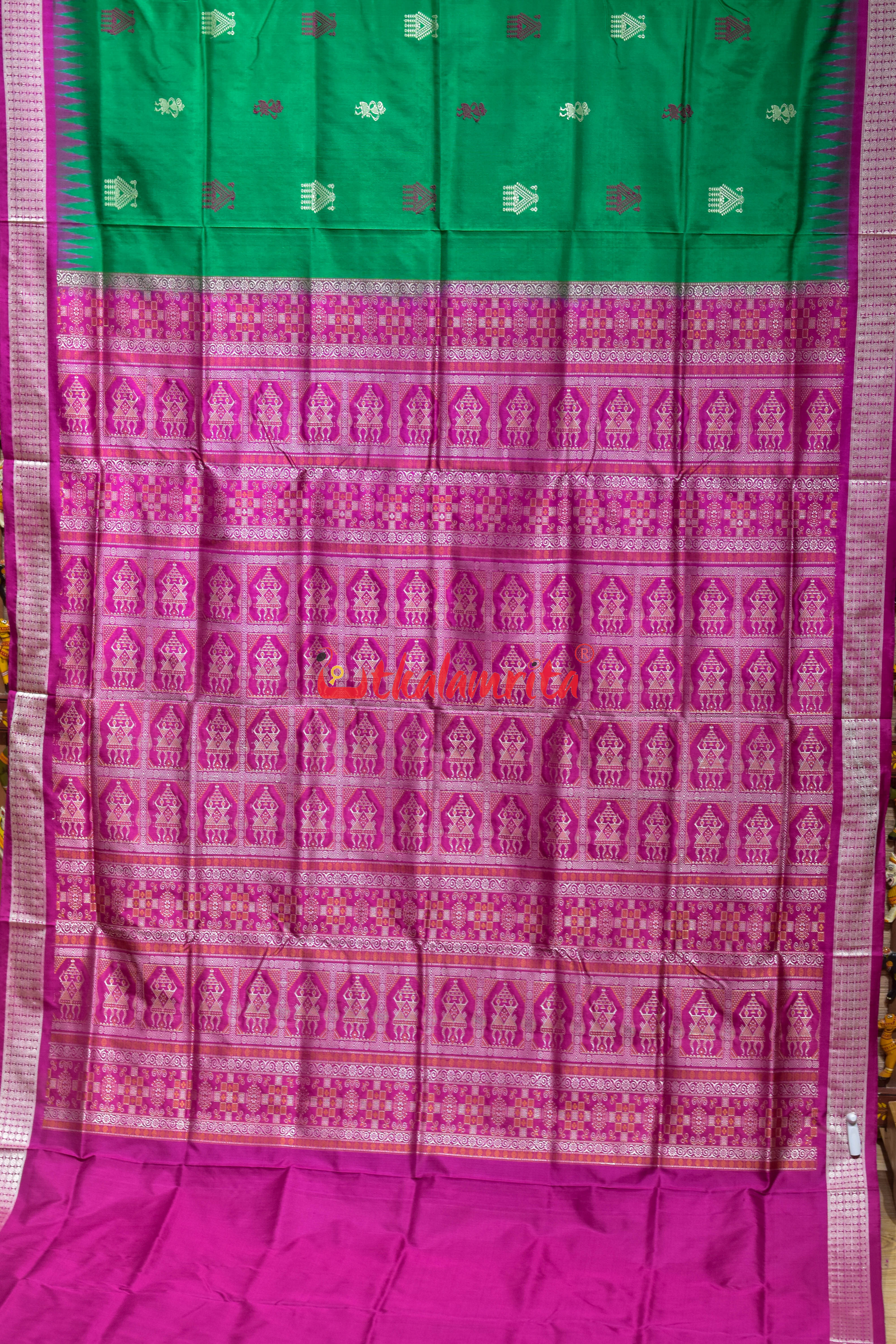 Green Pink Mukuta Bomkai Silk Saree