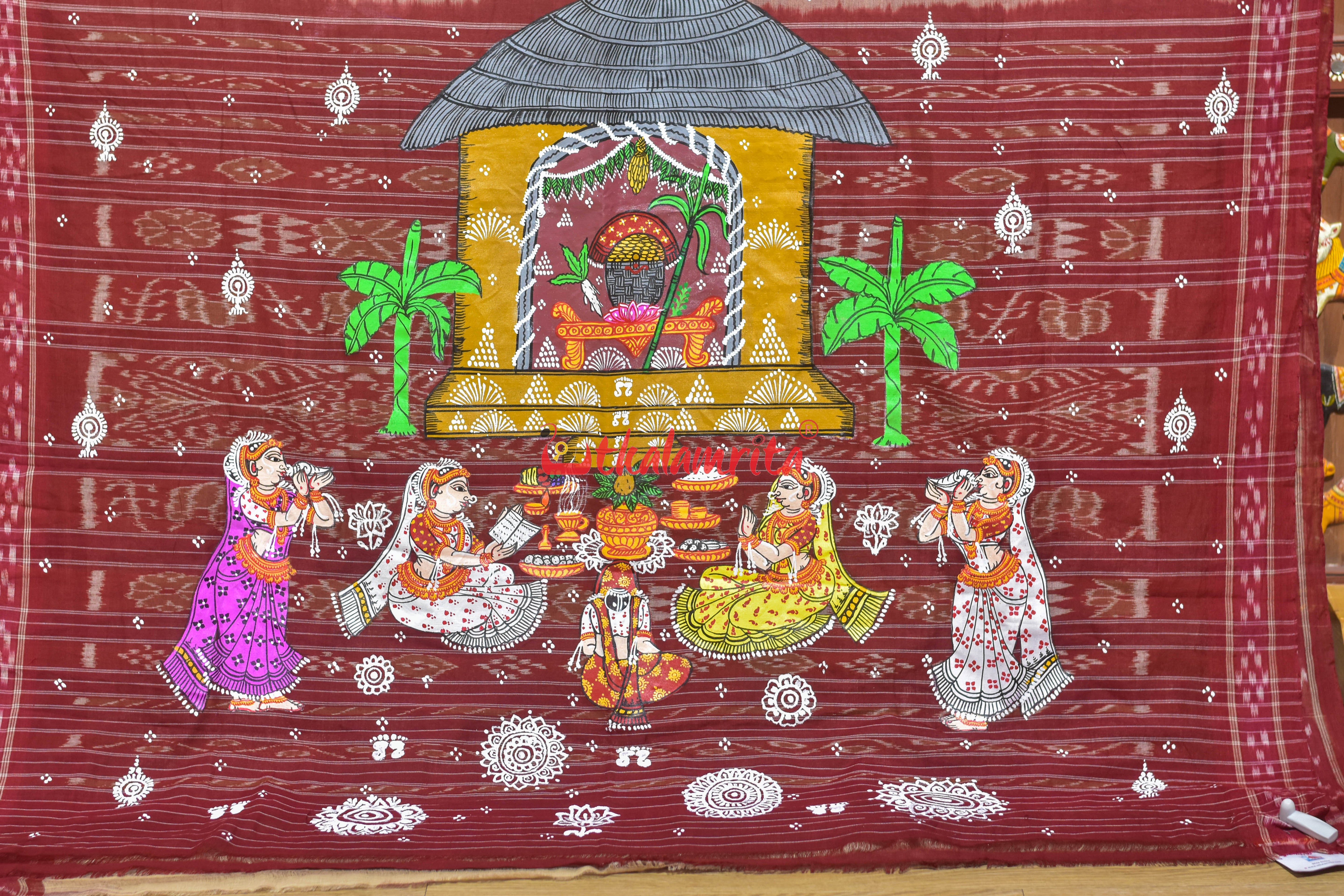 Ghee Maroon Laxmi Puja Pattachitra Cotton Saree