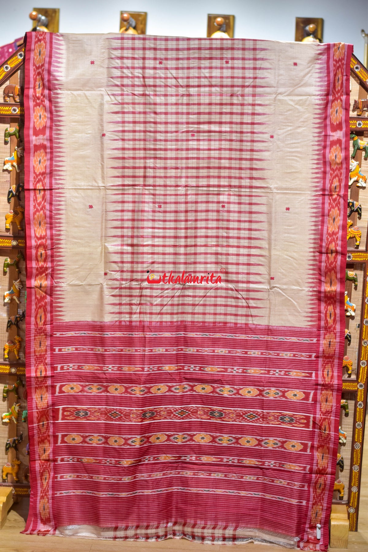 Middle Check Red Gopalpur Tussar Silk Saree