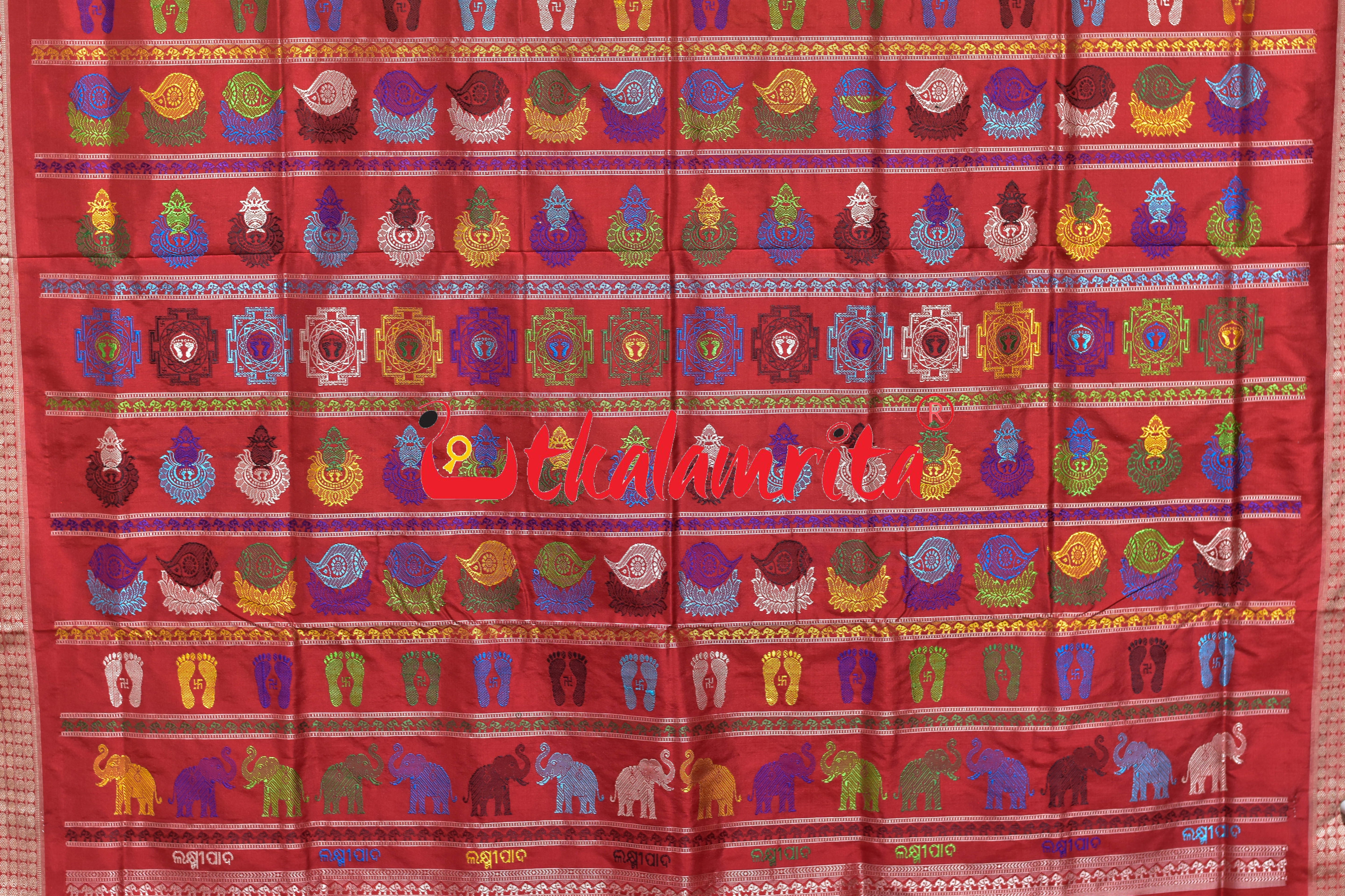 Lakhmi Pada Fluorescent Green Red Bomkai Silk Saree