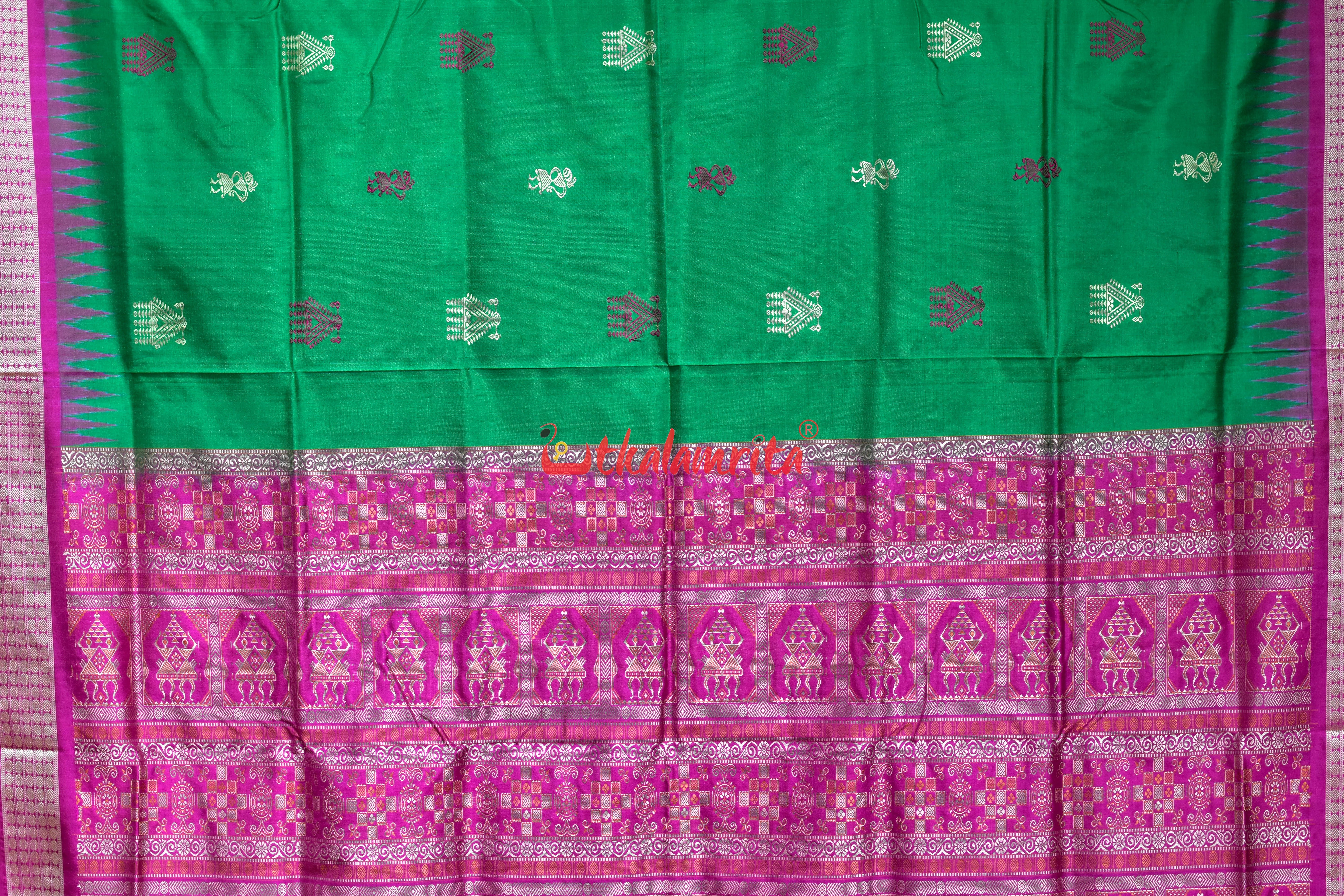 Green Pink Mukuta Bomkai Silk Saree