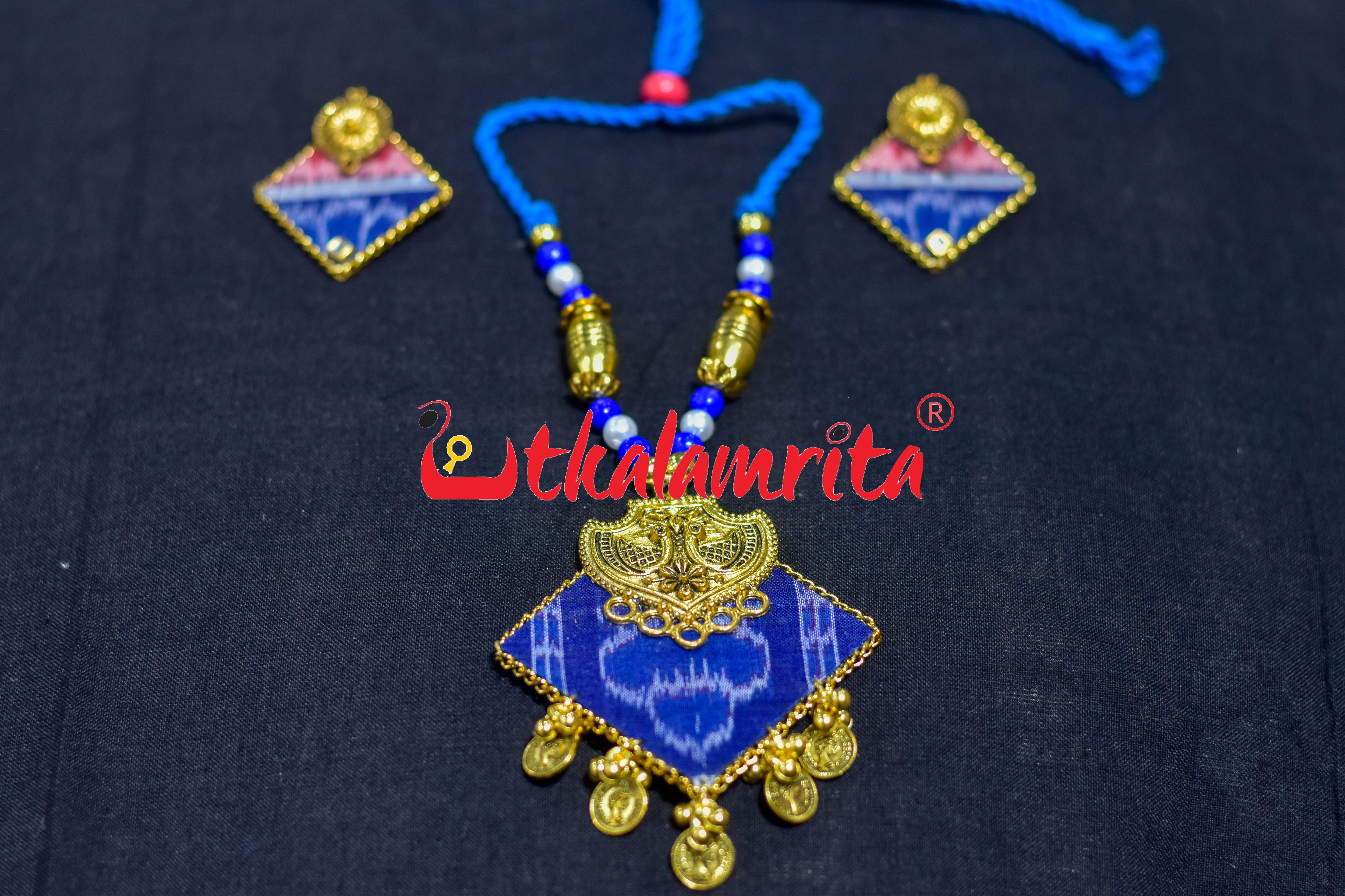 Blue Ikat Golden Mayura Necklace Set