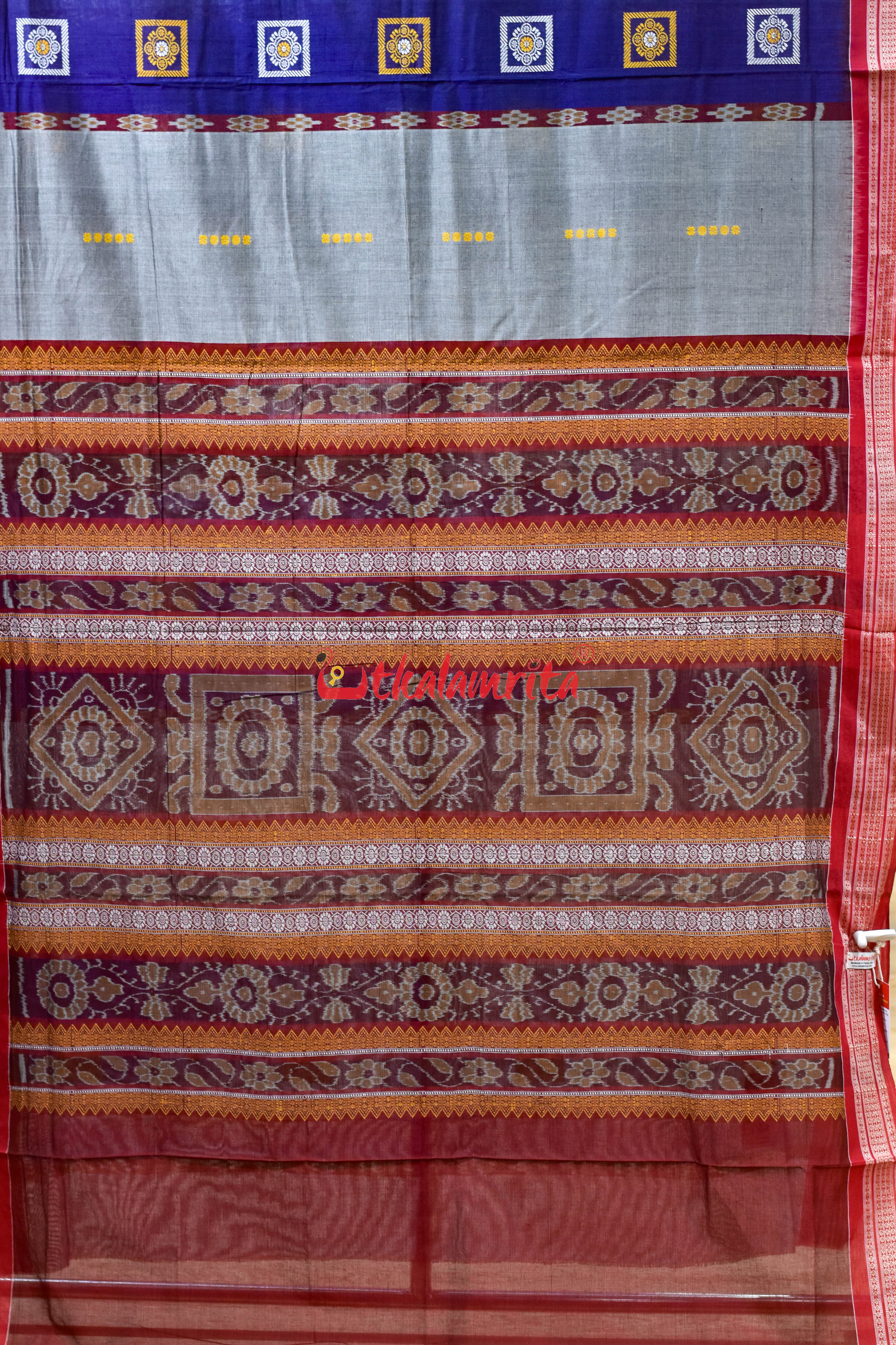 Blue Grey Pere Bandha Bomkai Cotton Saree