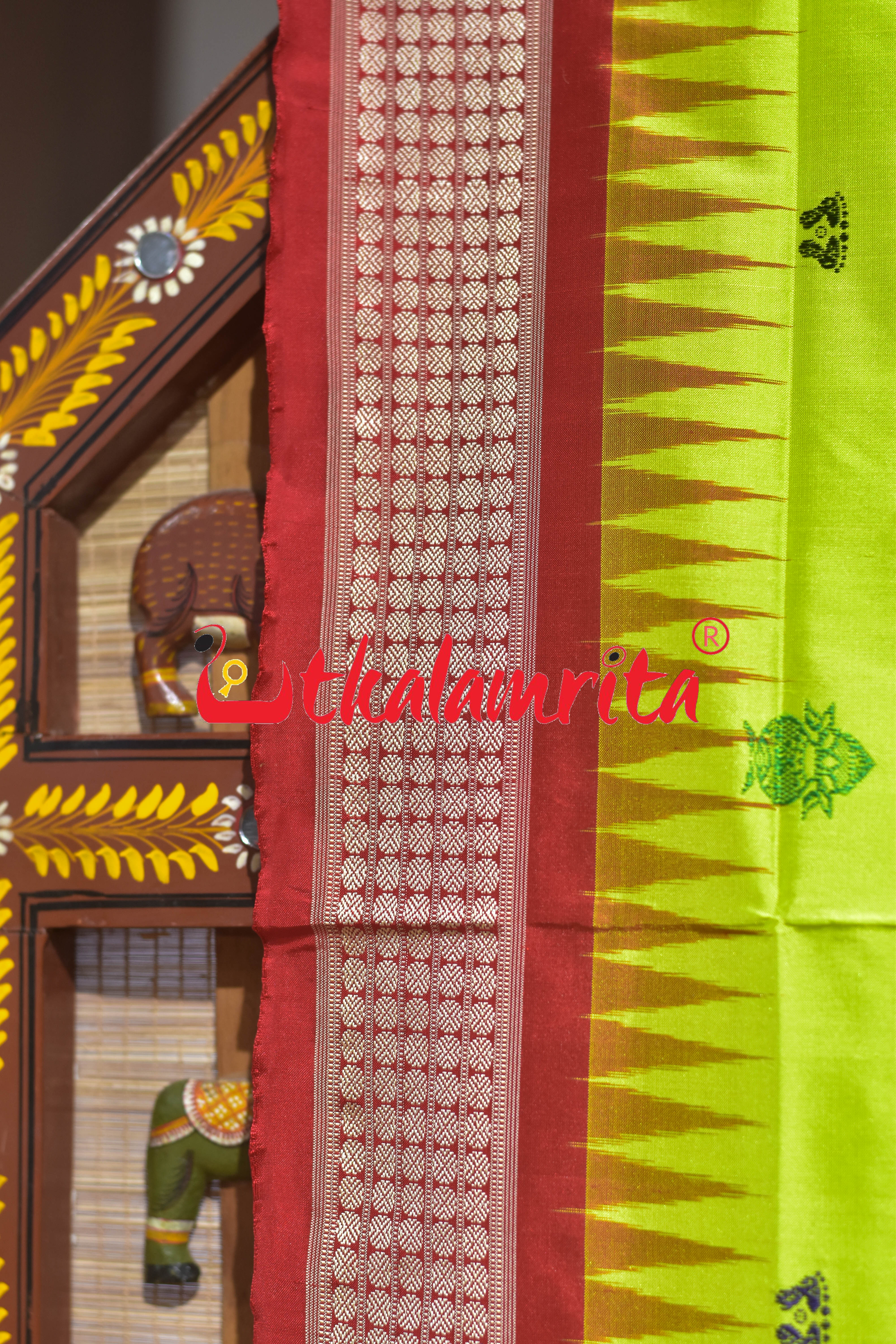 Lakhmi Pada Fluorescent Green Red Bomkai Silk Saree