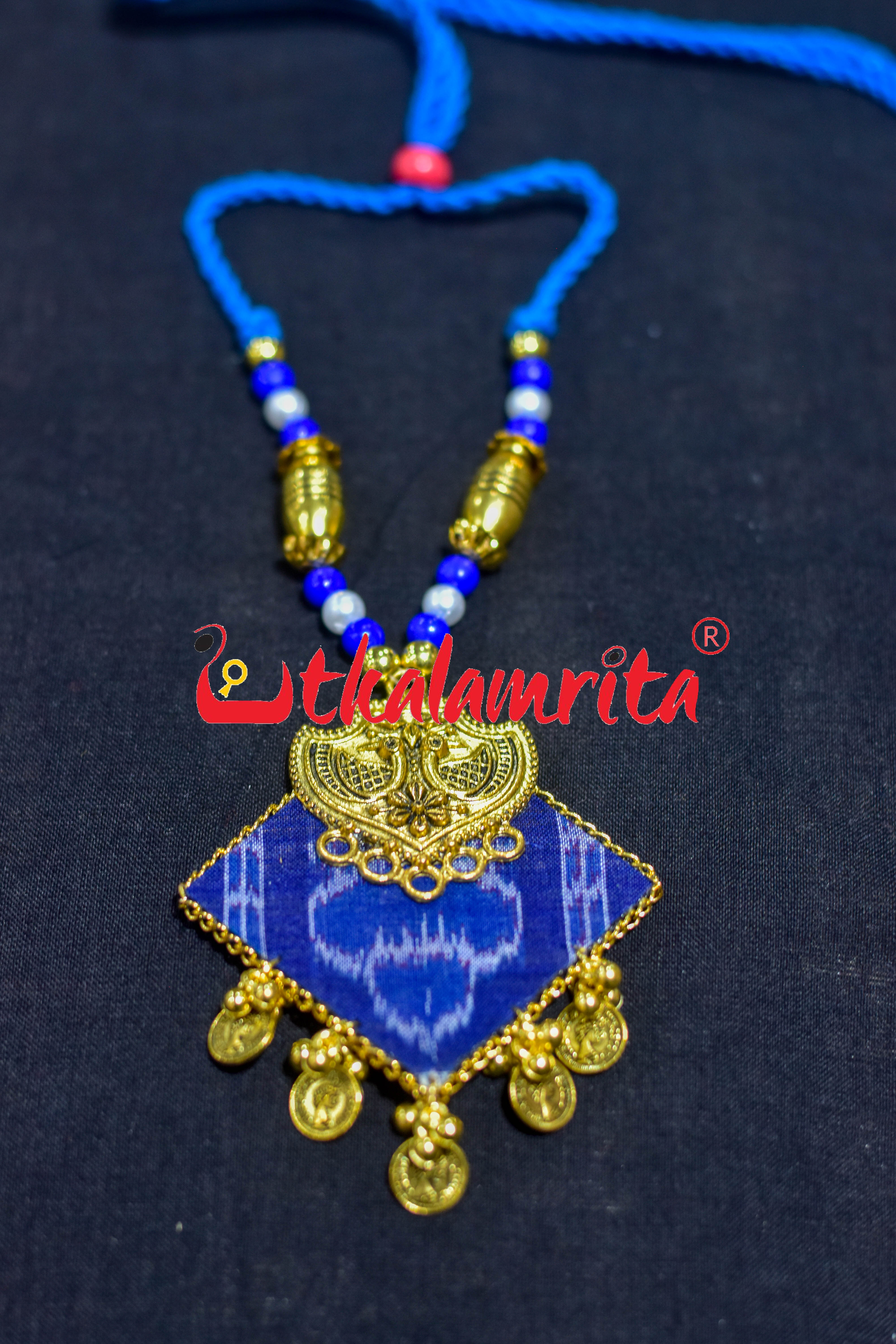 Blue Ikat Golden Mayura Necklace Set
