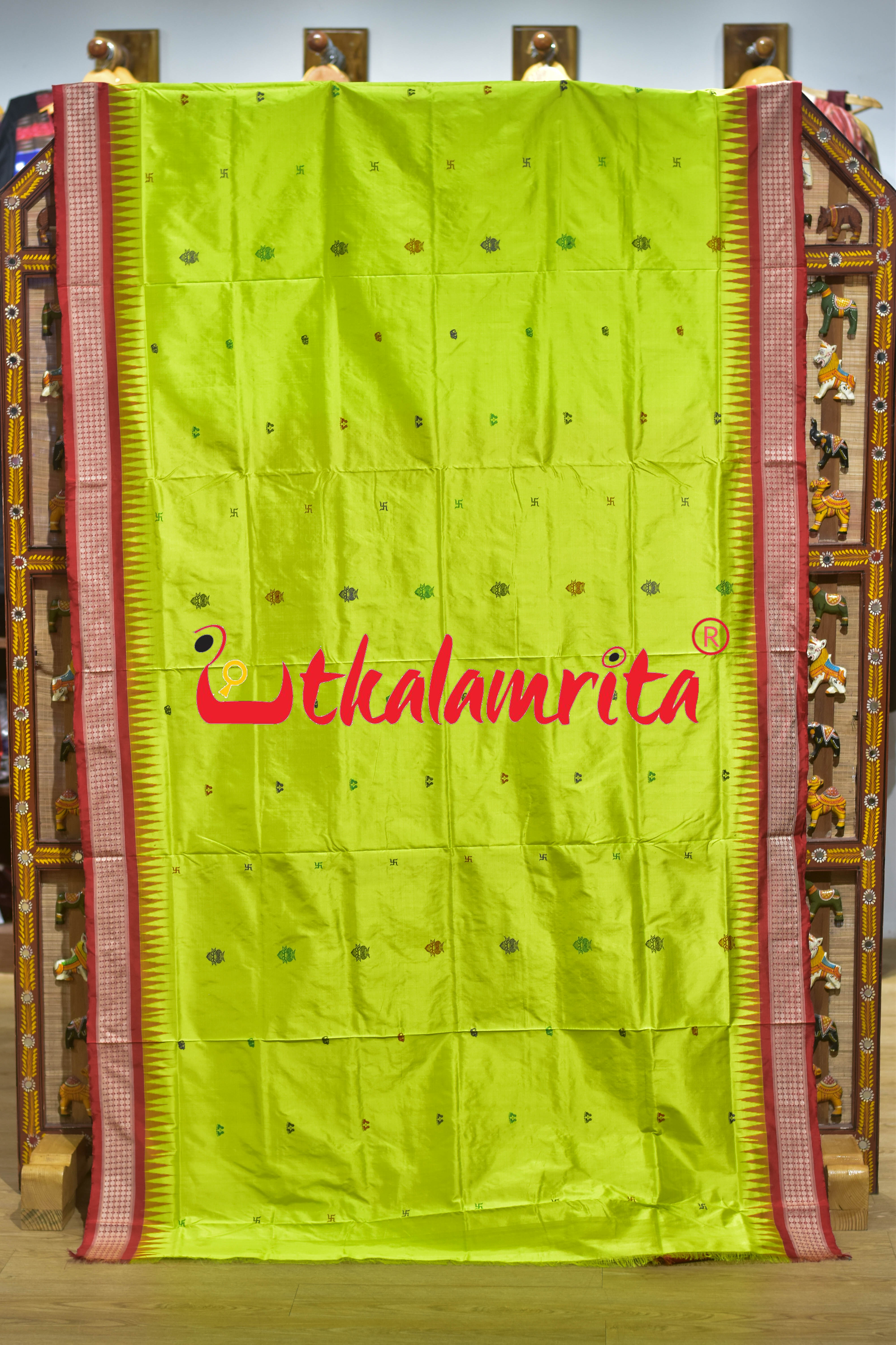 Lakhmi Pada Fluorescent Green Red Bomkai Silk Saree