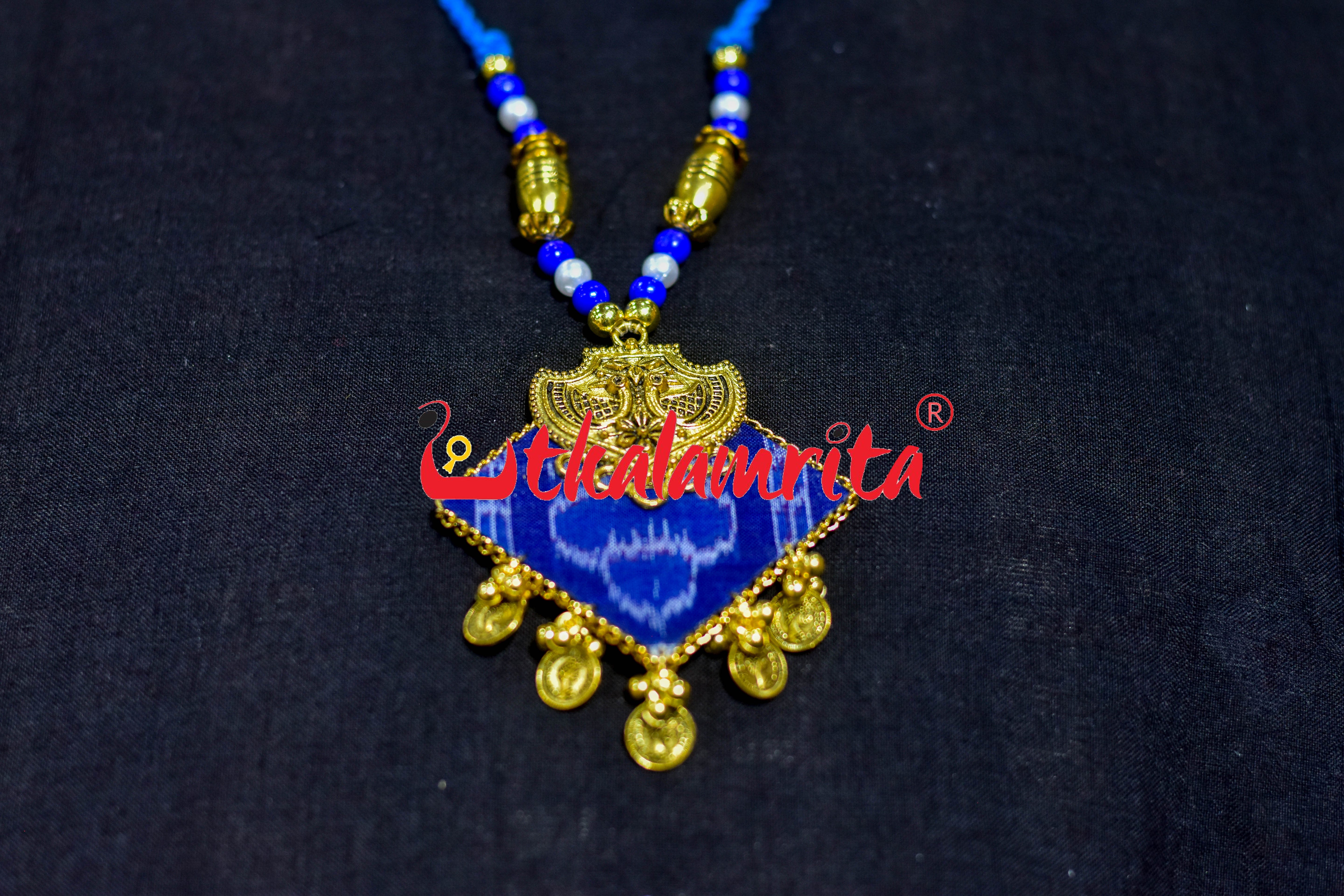 Blue Ikat Golden Mayura Necklace Set