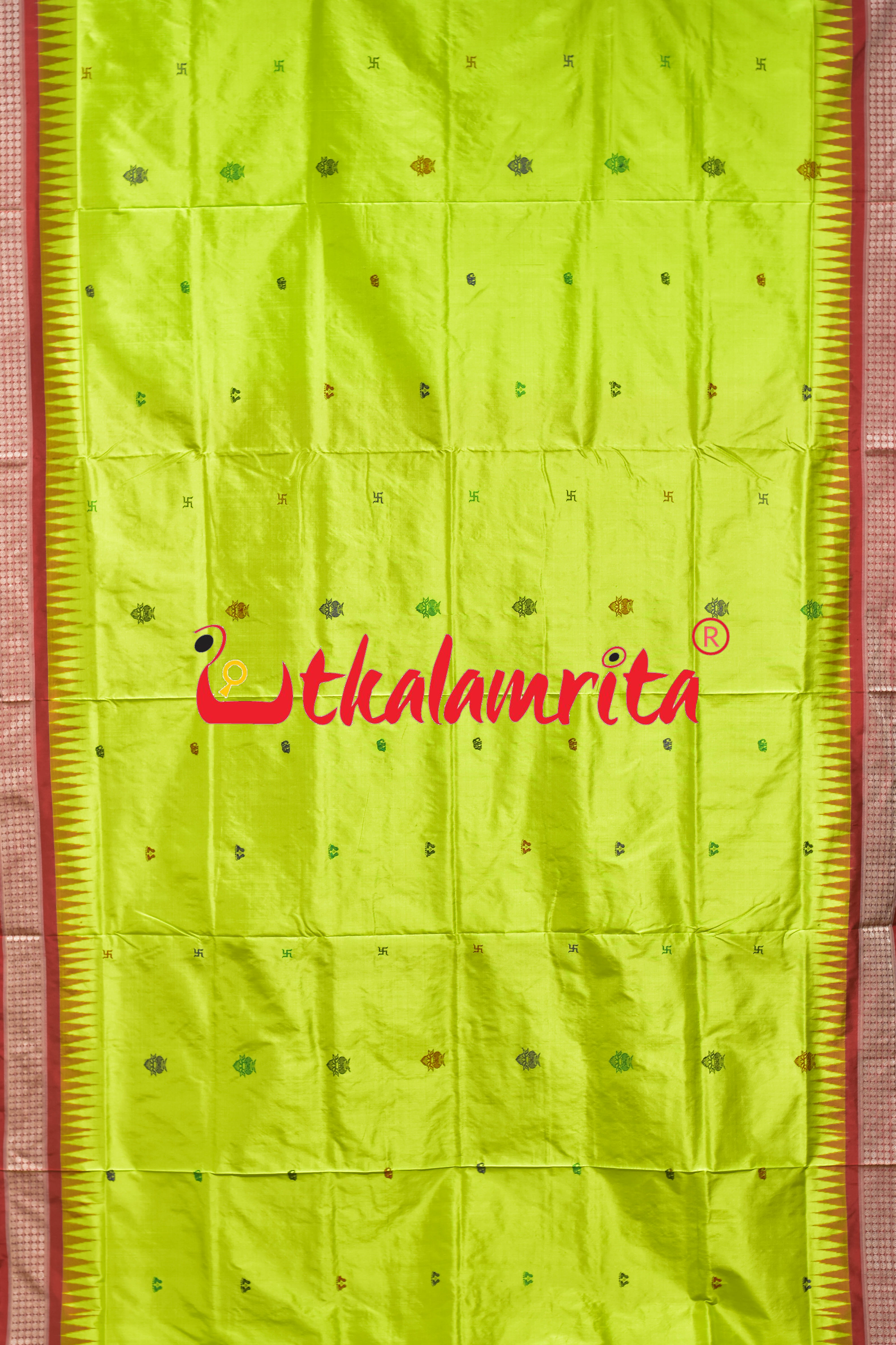 Lakhmi Pada Fluorescent Green Red Bomkai Silk Saree