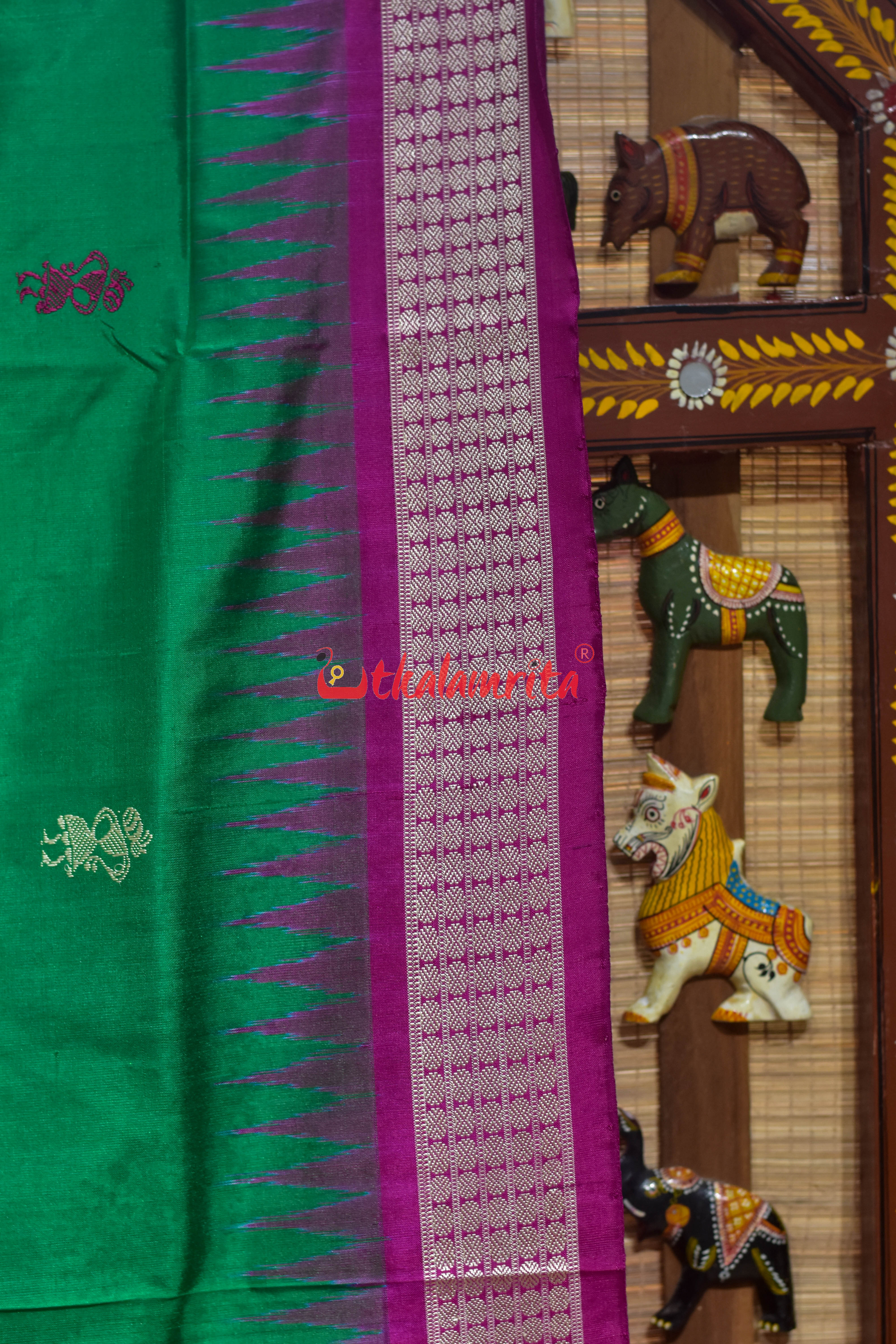 Green Pink Mukuta Bomkai Silk Saree
