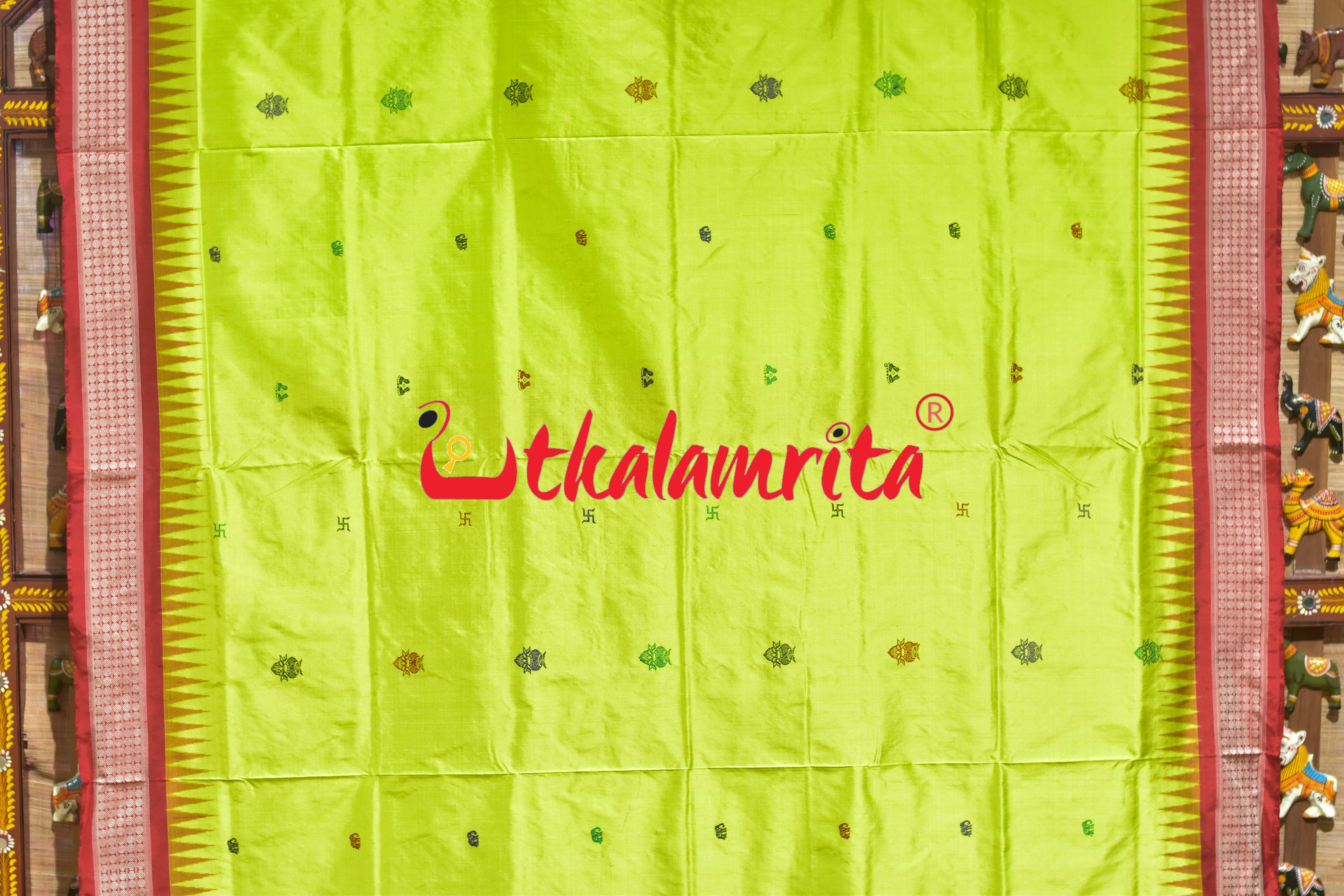 Lakhmi Pada Fluorescent Green Red Bomkai Silk Saree
