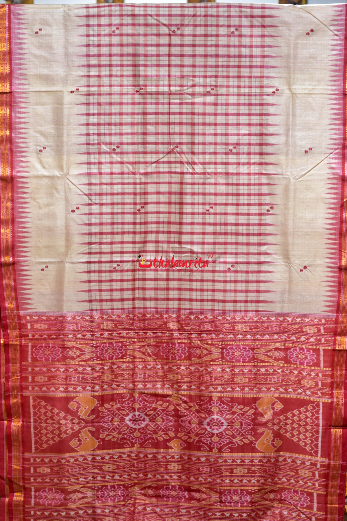 Middle Check Red Fish Border Gopalpur Tussar Silk Saree