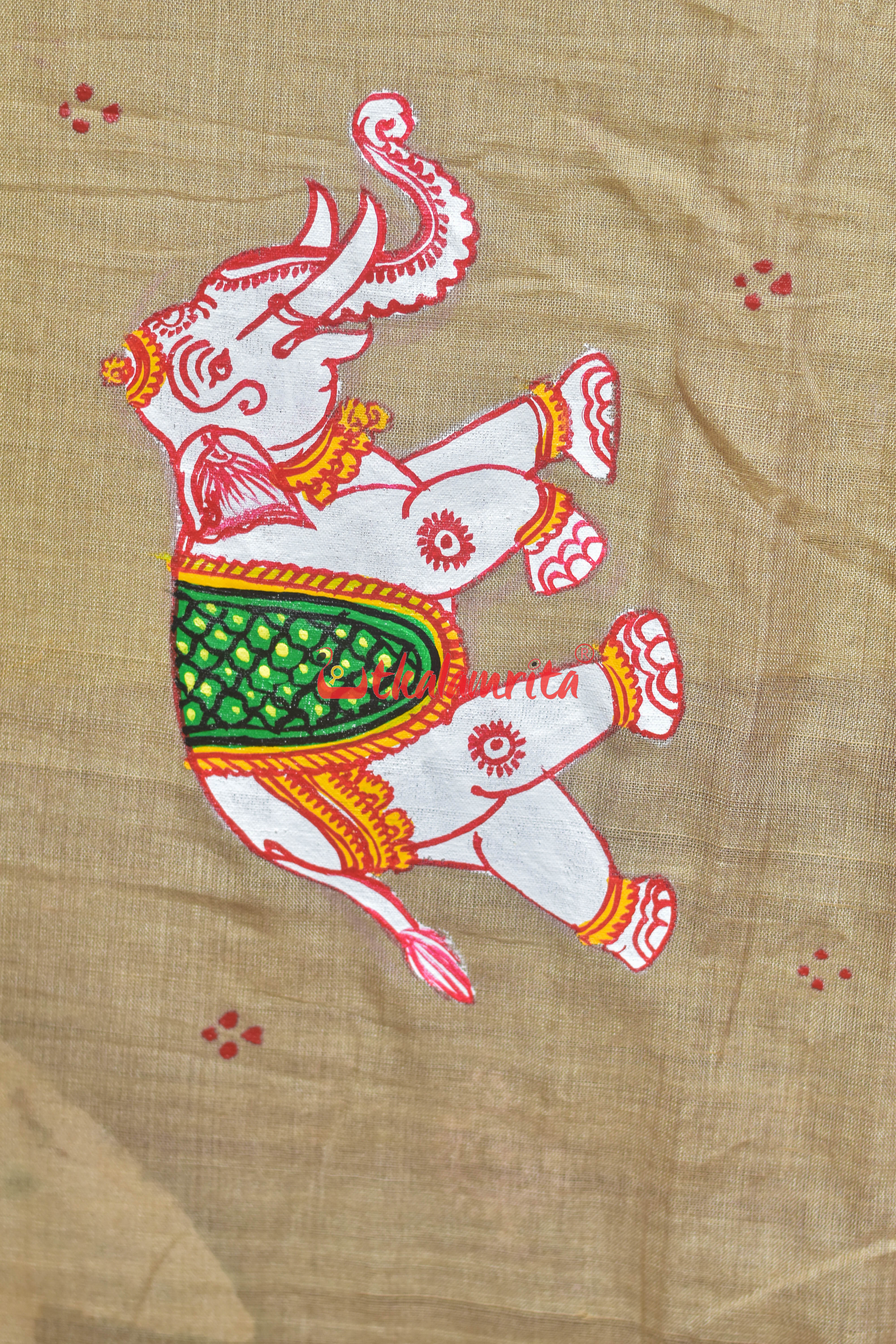 Ghee Maroon Laxmi Puja Pattachitra Cotton Saree