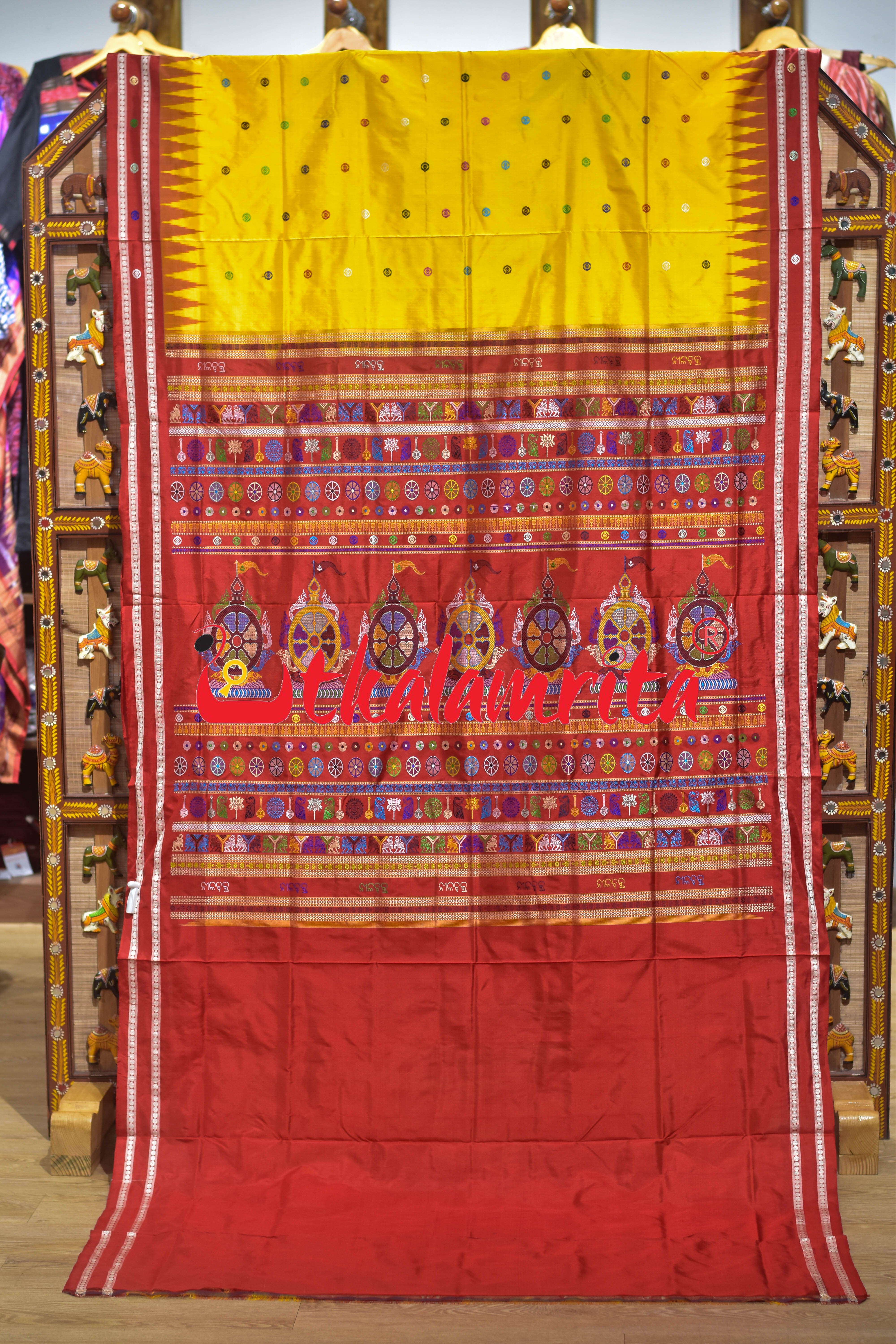 Yellow Red Nilachakra Bomkai Silk Saree